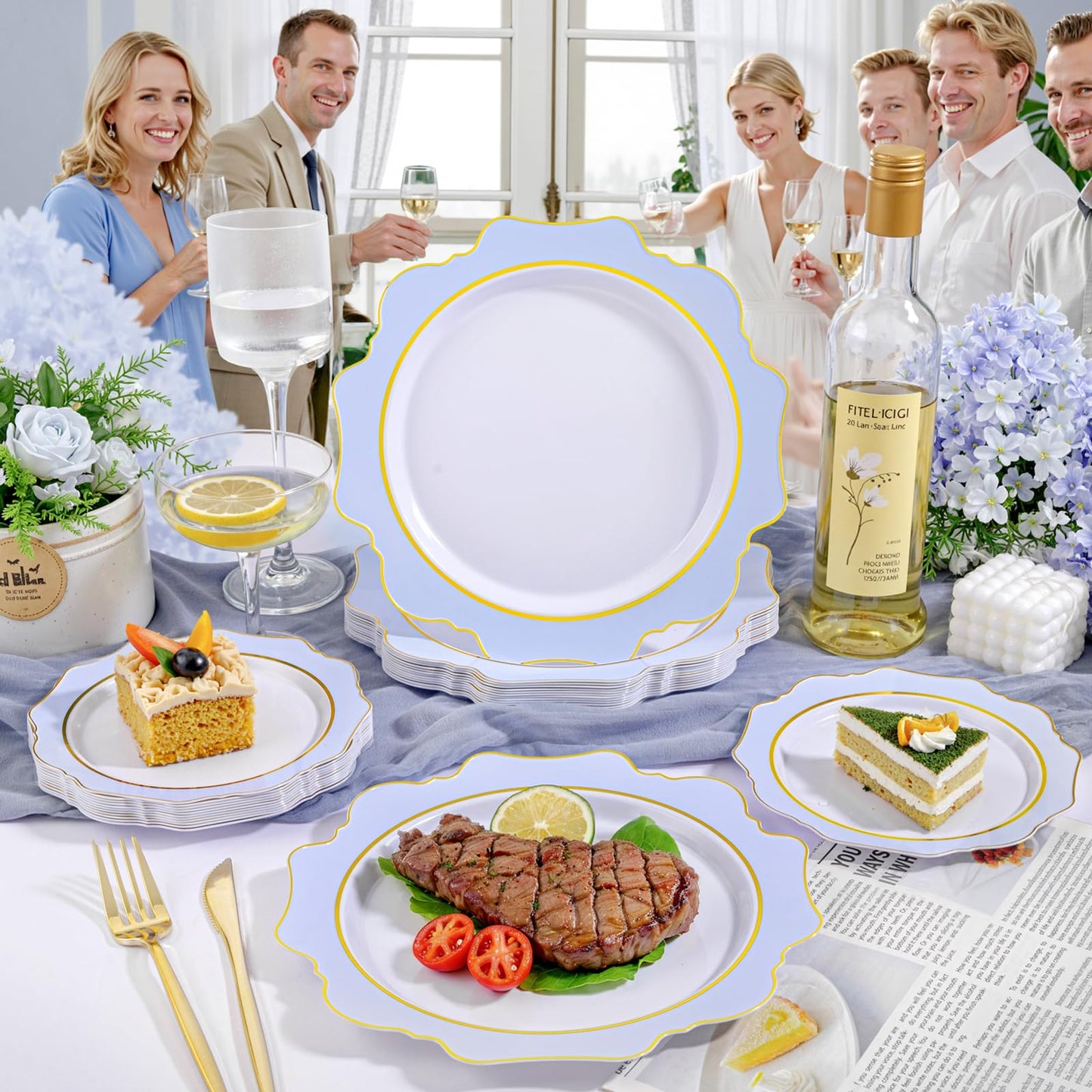 WDF 100PCS Blue Plastic Plates - Light Blue Plates Disposable - Heavy Duty Scalloped Plastic Plate for Parties/Wedding/Baby Shower