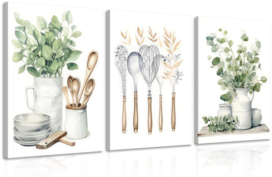 Boho Farmhouse Kitchen Canvas Wall Art Sage Green Plants Painting Pictures Dining Room Wall Decor Eucalyptus Leaves Green Botanical Poster Print Artwork for Farmhouse Kitchen Home Decoration