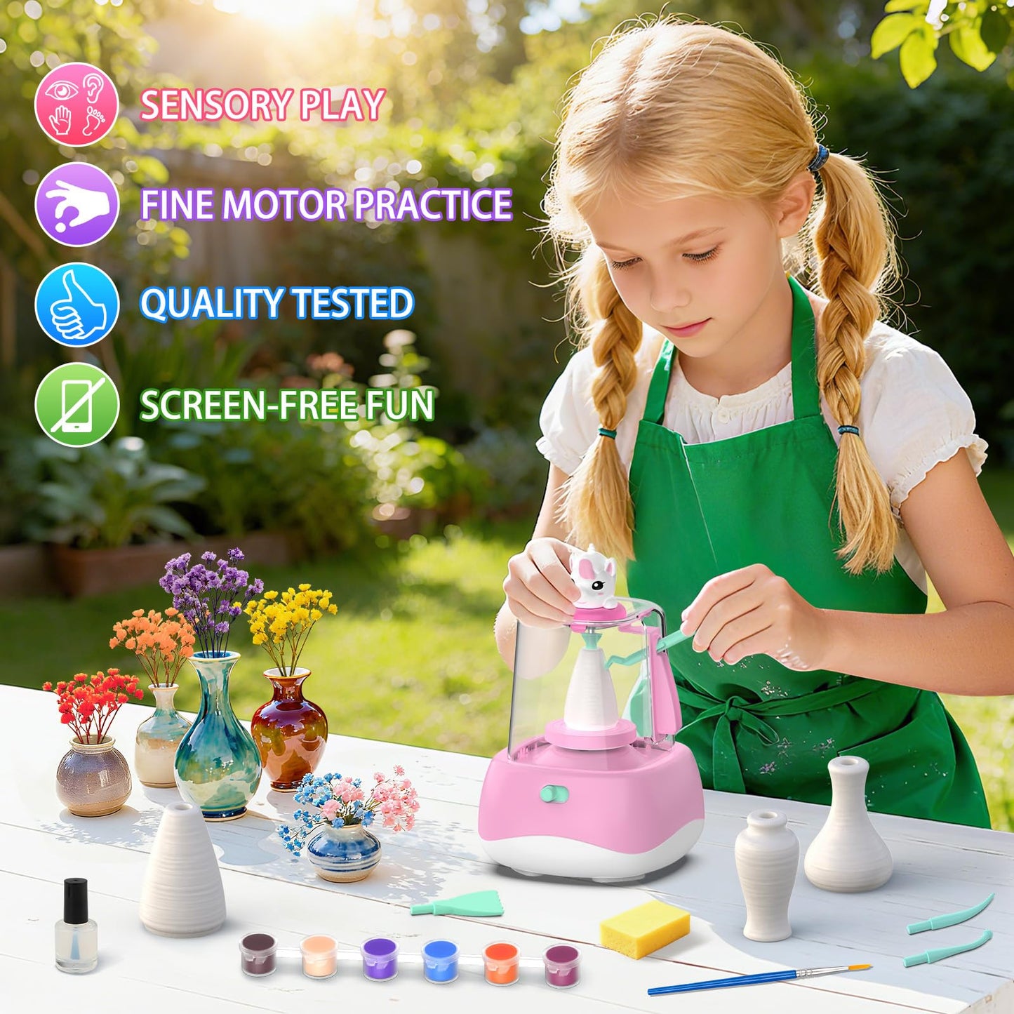 Wwzzey Mini Pottery Wheel for Kids, Pottery DIY Crafts Toy with Painting Kit Gifts for Christmas Toy for Kid Boy Girl Ages 8-12 Toys for Girl 6 7 8 9 10 11 12 Year Old- Pink