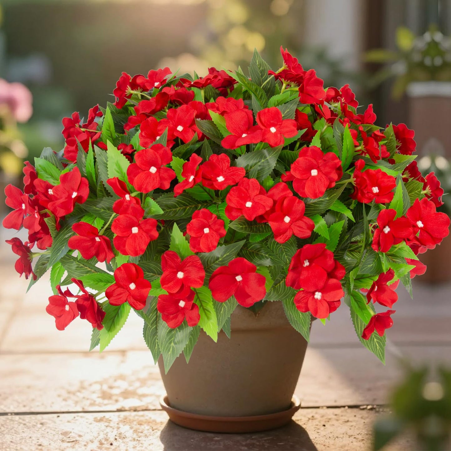 Daynight 8 Pcs Artificial Impatiens Flowers for Outdoor Flowers UV Resistant Faux Red Flowers Impatiens Bushes Silk Artificial Flowers Bouquet for Patio Garden Porch Decor. (8, Red)