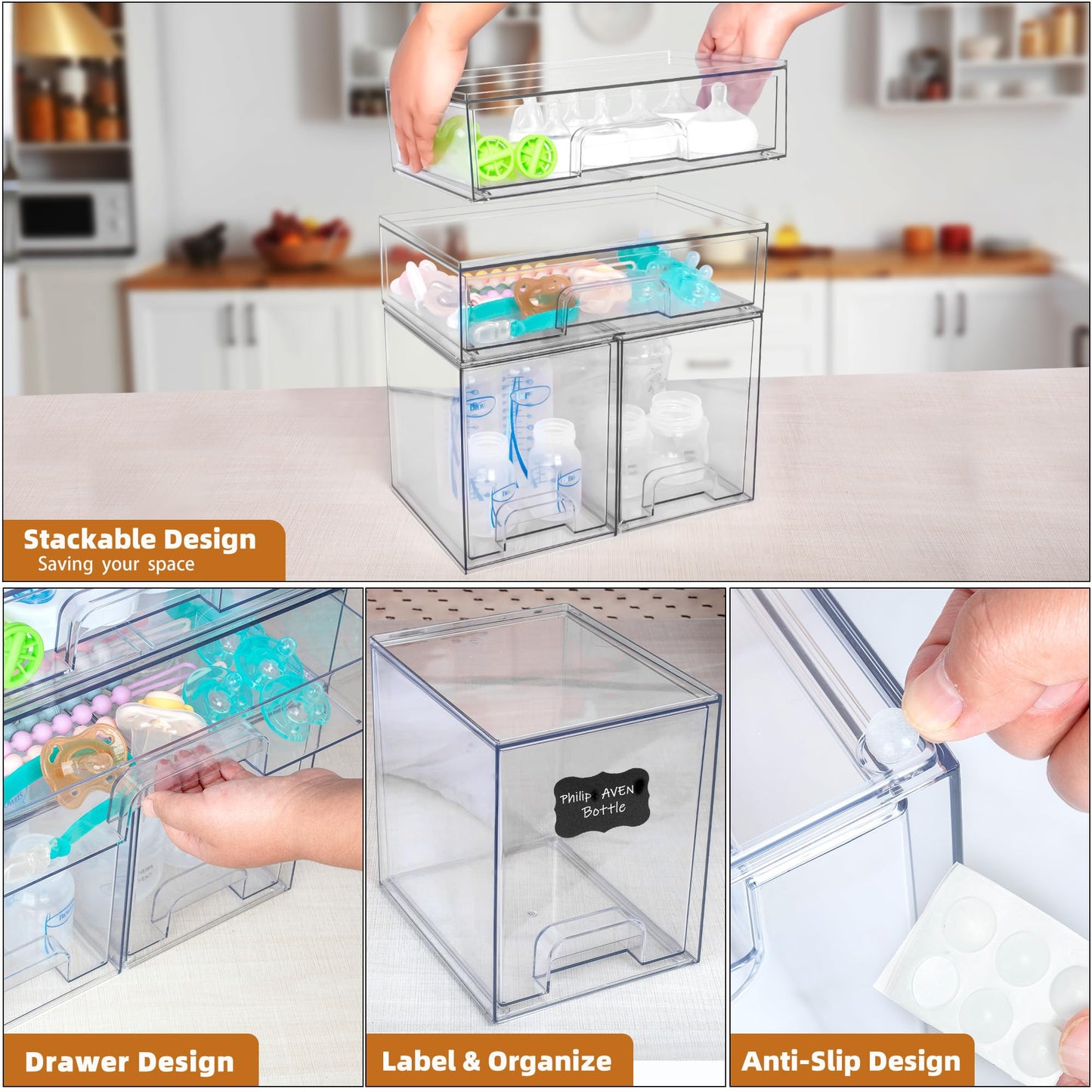 Baby Bottle Organizer, 4 Pack Stackable Storage Drawers with Labels, Clear Station Organizers Container for Pacifiers, Pump Parts, Desk Organizer Bins for Bathroom, Cabinet, Pantry, Vanity, Countertop