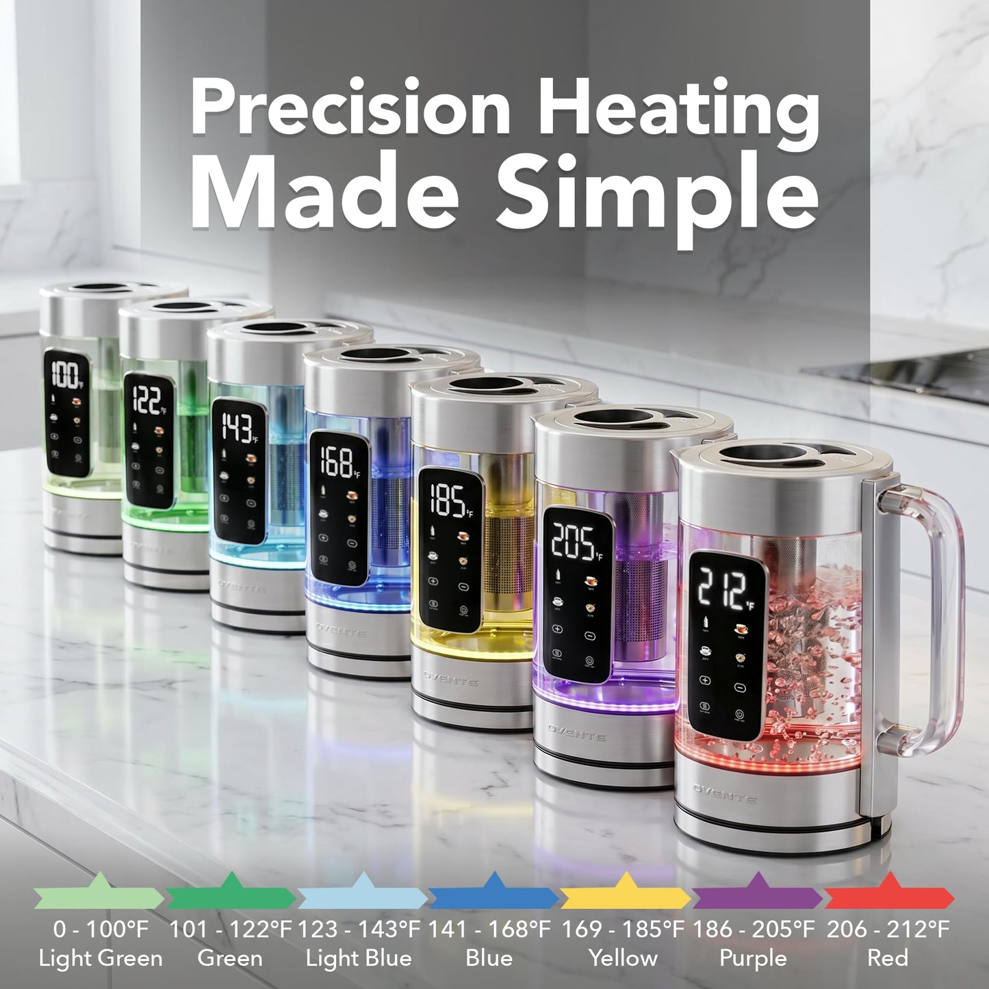 OVENTE Digital Glass Electric Tea Kettle 1.7L with Color-Changing LED Lights Temperature Control, Double-Wall Cool Touch, 4 Presets, Keep Warm, Tea Infuser & Boil-Dry Protection, Silver KGD913S