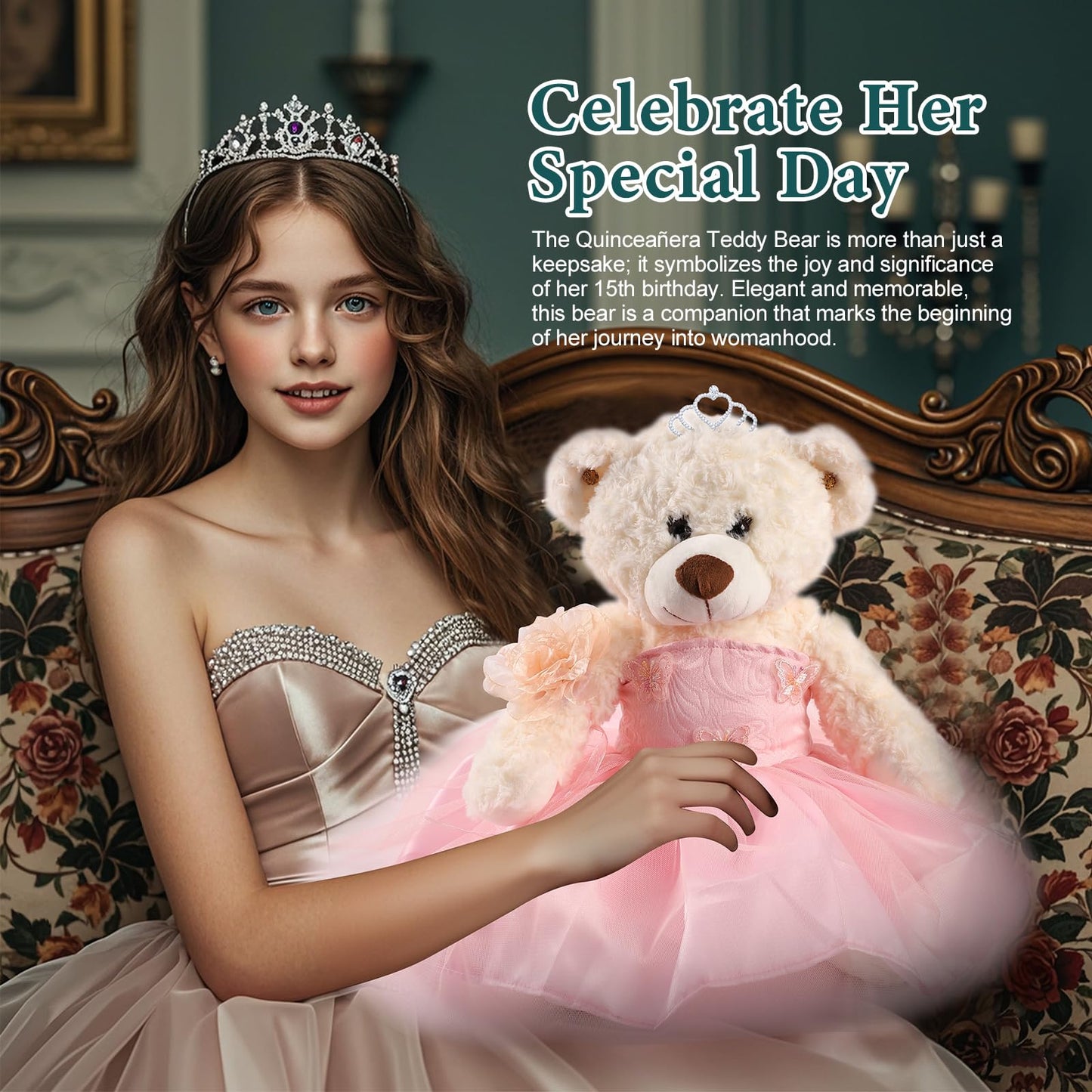 Quinceanera Doll Quince Teddy Bear with Dress,Quinceanera Decorations for Girls Gifts,OSO De Peluche para 15 Años Con Vestido,Centro De Mesa Muñecas para 15 Años Quinceañeras (Pink)