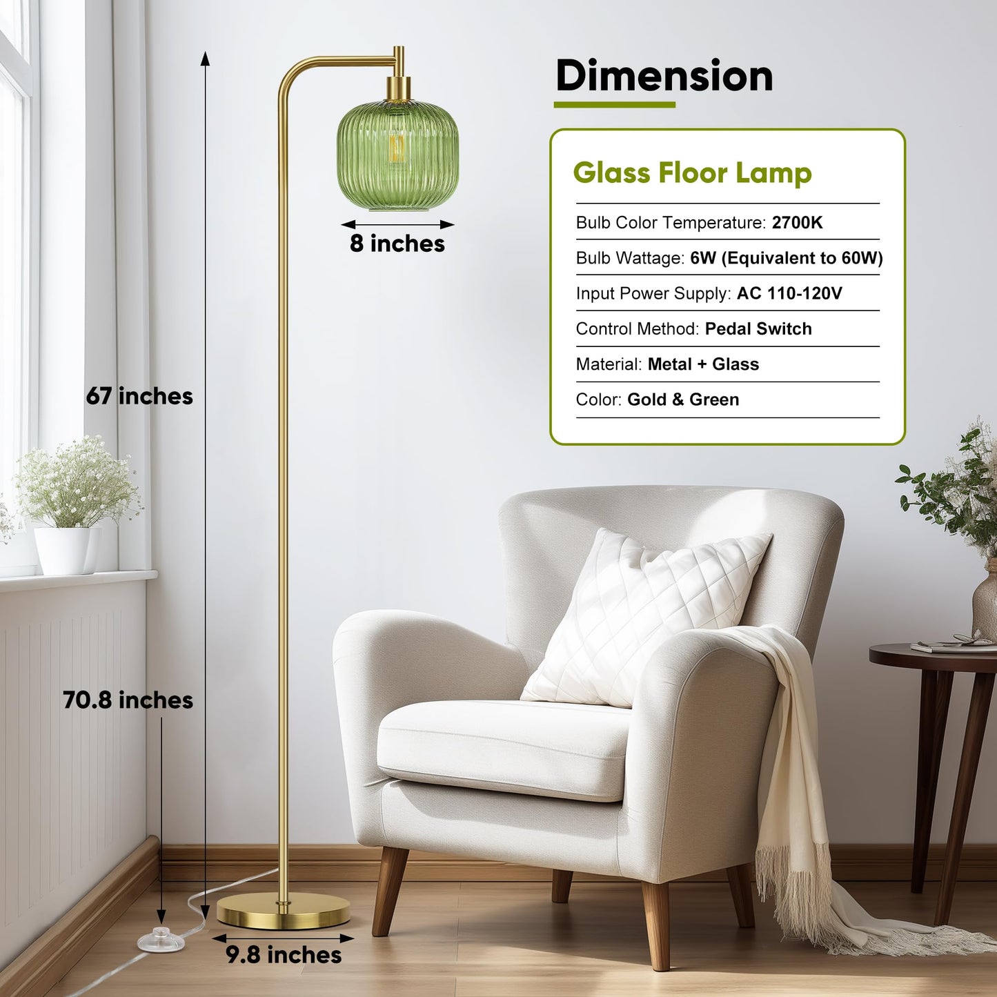 QiMH Glass Floor Lamp for Living Room, Modern Standing Lamp with Ribbed Glass Lampshade Pedal Switch, 67” Tall Lamp for Bedroom Study Room, Brushed Gold (2700K LED Bulb Included)