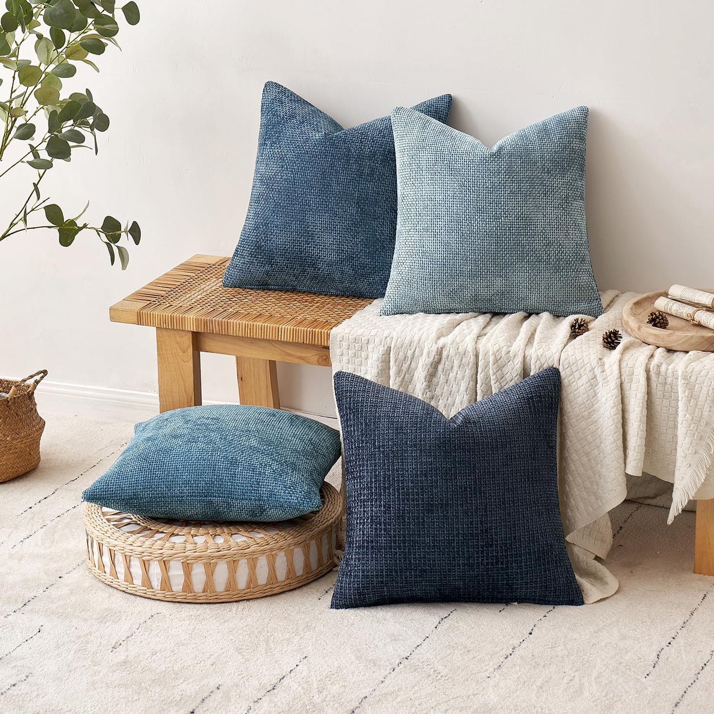 MIULEE Pack of 4 Couch Throw Pillow Covers 20x20 Inch Neutral Blue Soft Decorative Chenille Pillow Covers Farmhouse Accent Cushion Covers for Boho Western Home Coastal Decor Sofa Bedroom Living Room