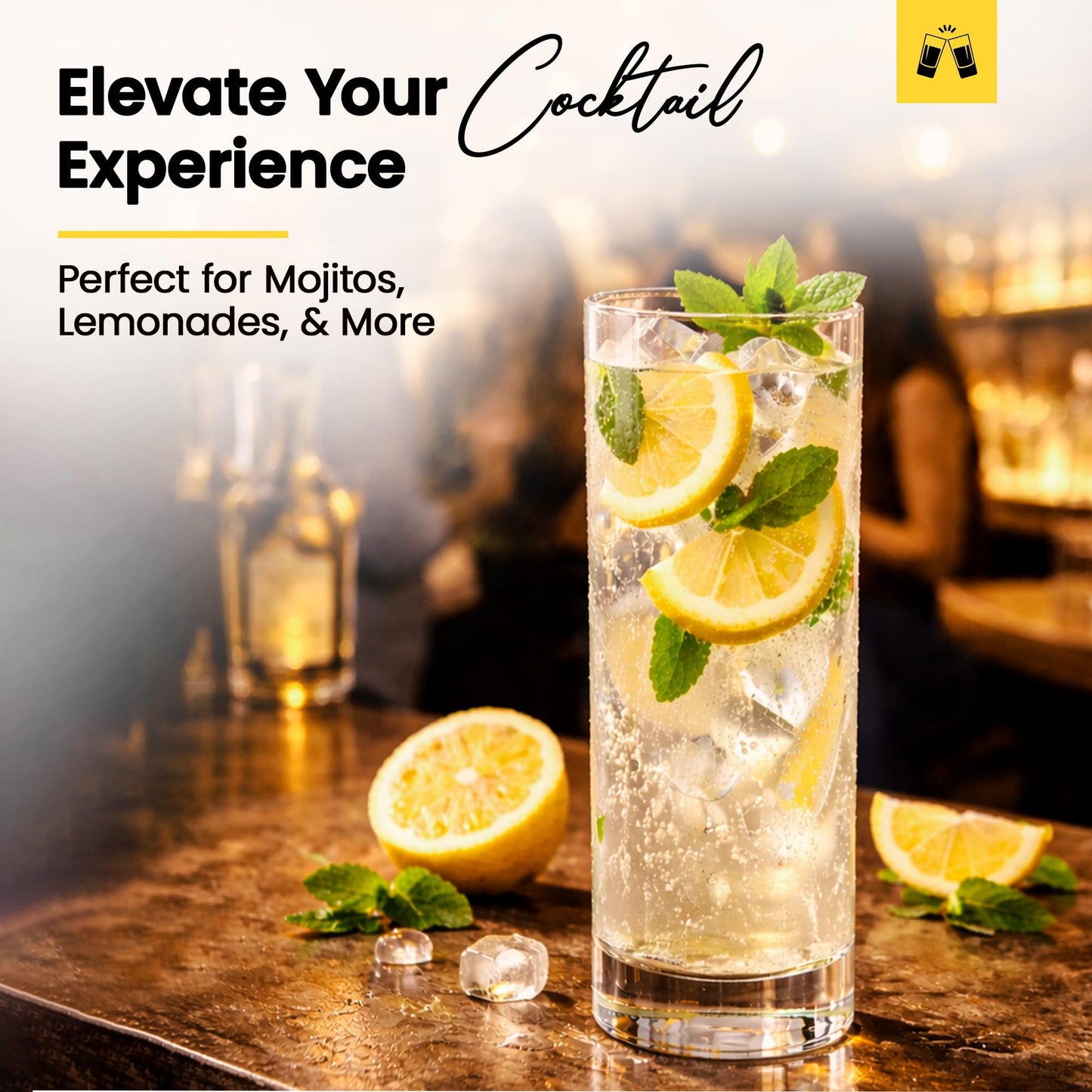 LEMONSODA Highball Glasses Set of 6 | 12oz Lead-Free Glass | Dishwasher Safe Sturdy Base | Clear Crystal Glass Tumblers for Mojito Whiskey Cocktail Bar Glassware Gift Box Included