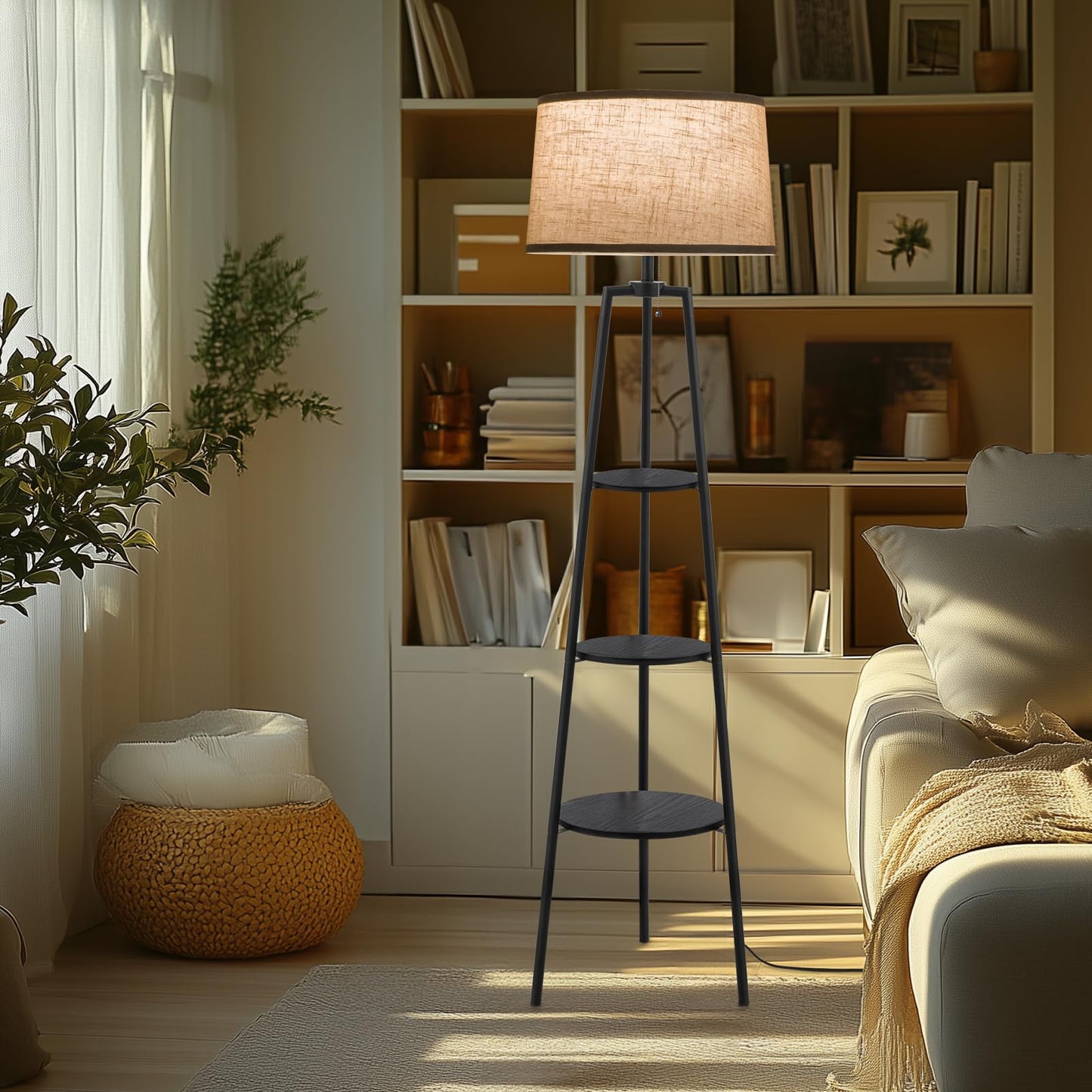 EOEYYOYB 3 Tier Shelf Floor Lamps for Living Room, Modern Standing Lamp with 3 Color Temperature Led Bulb, Tall Lamps for Bedroom and Office, Black
