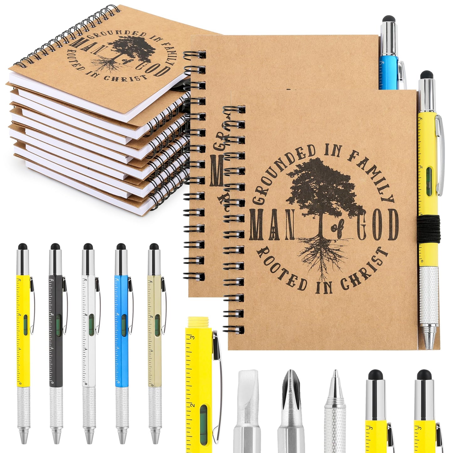 Koeilay 20 Sets Man of God Christian Gifts for Men, Religious Spiral Notebooks with 6 in 1 Multi Tool Pens, Father's Day Birthday Christmas Church Gifts for Coworker Office Staff
