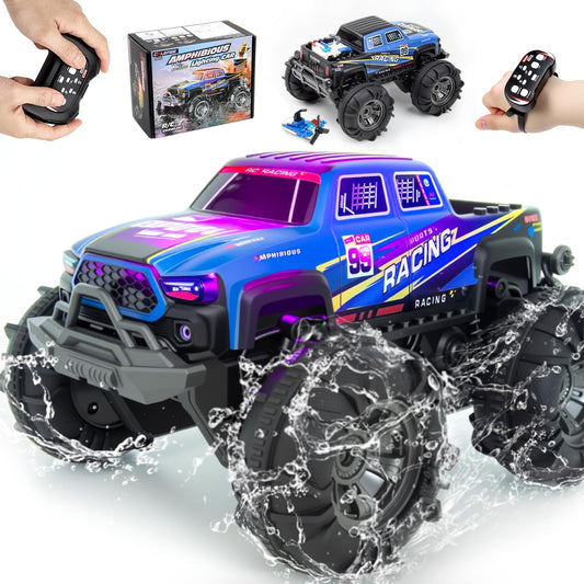 Calefwe Amphibious Remote Control Car, Monster Trucks for Boys Age 4-7, Monster Truck Toys W/Blocks & 360°Spin, 4WD All-Terrain Off-Road RC Cars with 2 Batteries 100 min, 2.4Ghz Pool Toy Gift for Kids
