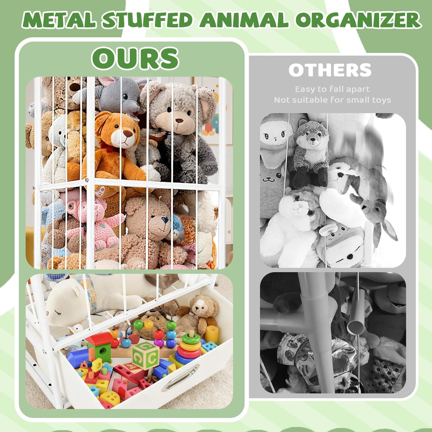 Puppiluv Stuffed Animal Storage, Metal Stuff Animals Zoo Holder with Fabric Drawer and Wheels Tall Vertical Plushies Toy Organizer Plush Storage Cage with Elastic Band for Nursery Playroom Corner