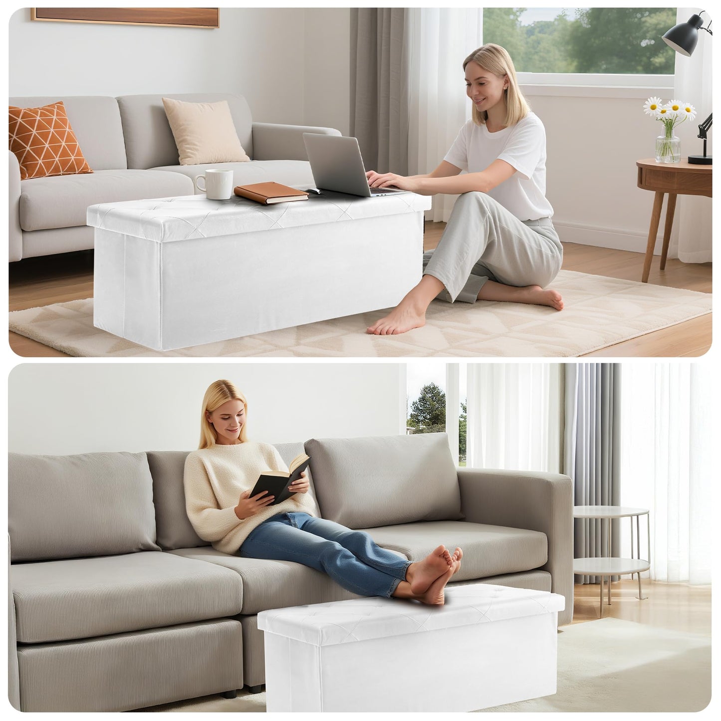 DUMOS 43 Inches Folding Ottoman with Storage Bench, Foot Rest Stool, End of Bed Storage Bench Upholstered, Load 660 lbs, for Living Room, Synthetic Leather, Beige