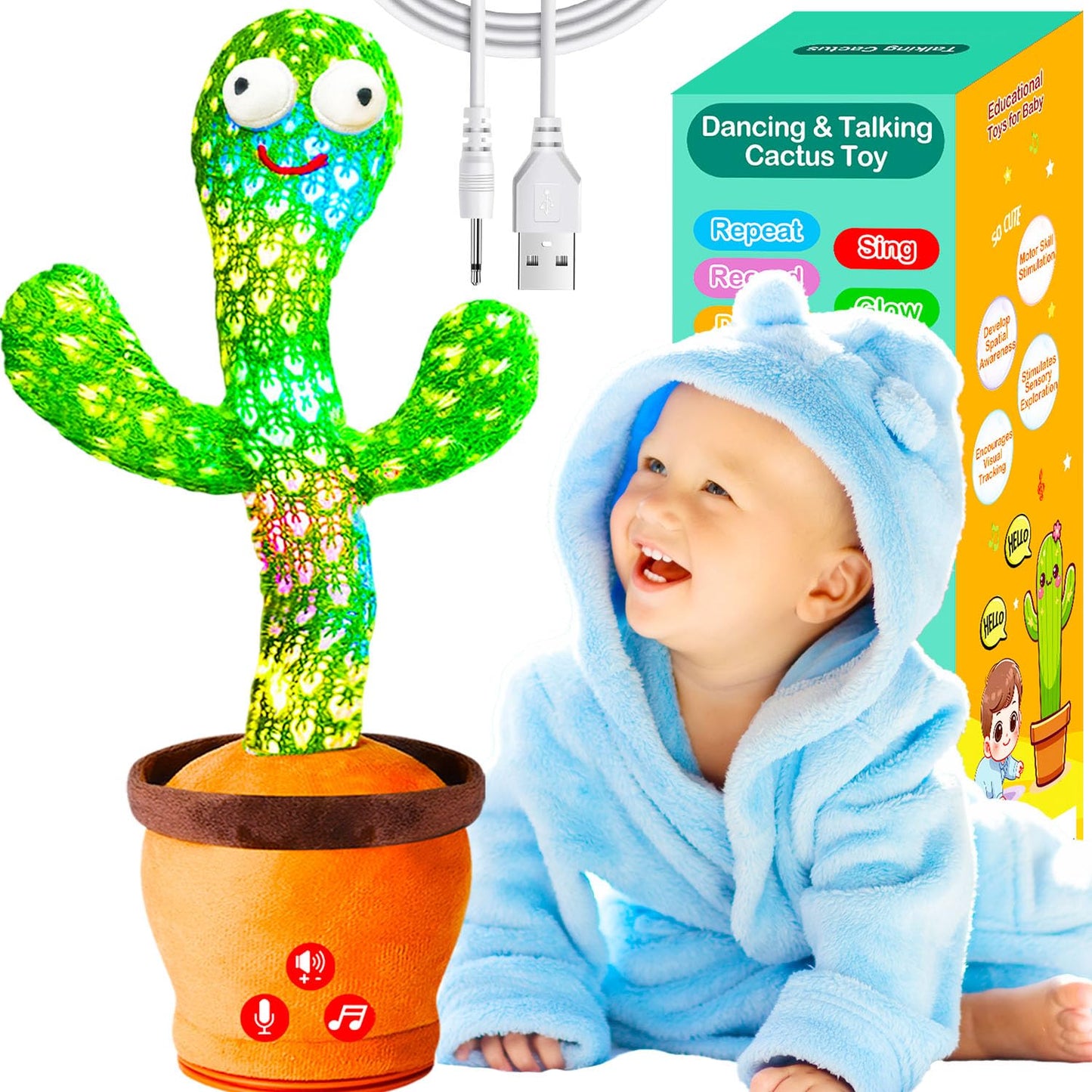 Volume Adjustable Dancing Talking Cactus Toy for Baby Toddler, Interactive Cactus Baby Toy, Mimicking Singing Repeating, Toddler Baby Toys, Birthday Gifts for Girls Boys