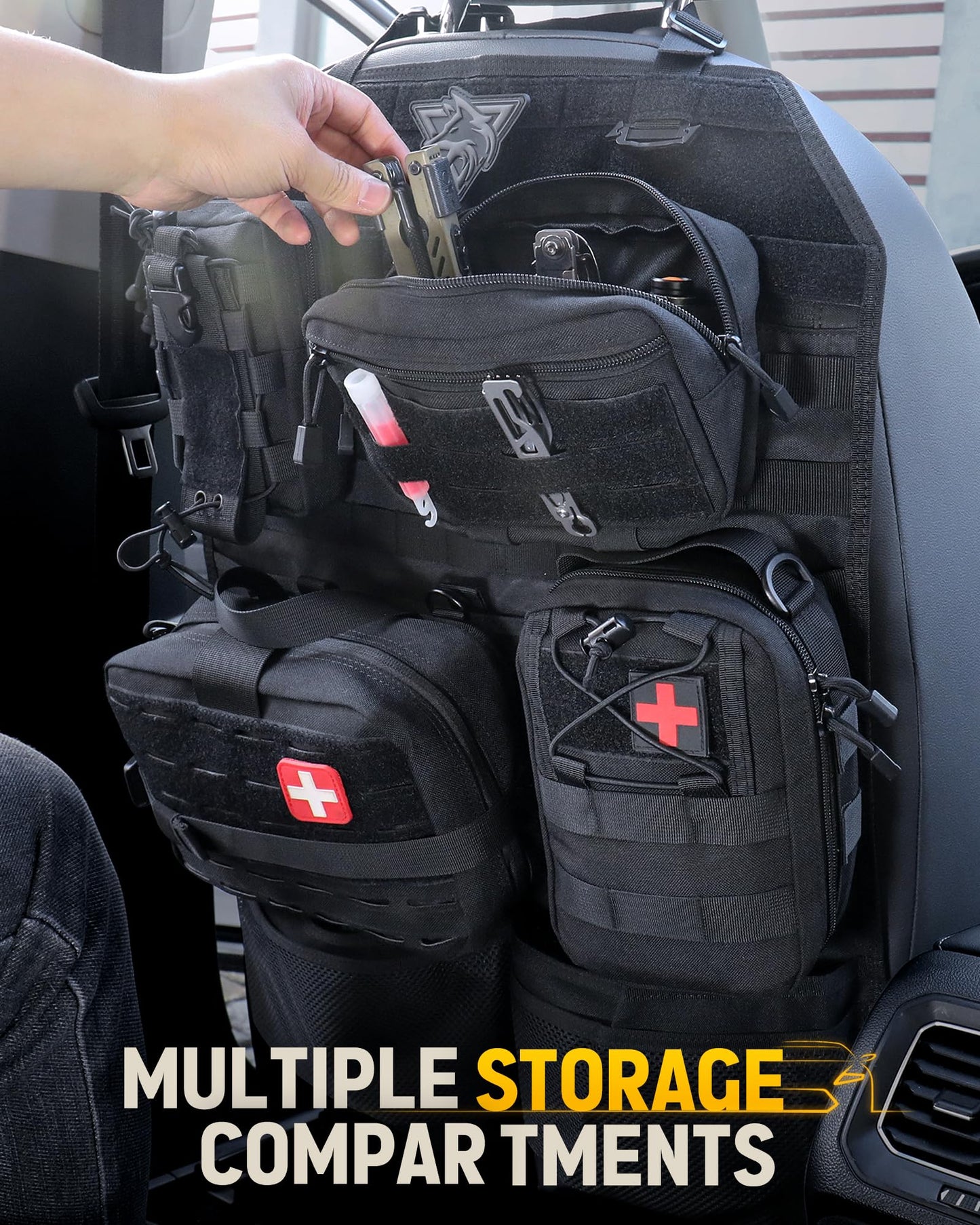 WYNEX Tactical Car Seat Back Organizer Set, Vehicle Accessories Molle Panel wtih Detachable 4 Molle Pouches - First Aid EDC Admin Storage Bag for Road Trips, Fits Most Cars, SUVs, Pickups, Trucks