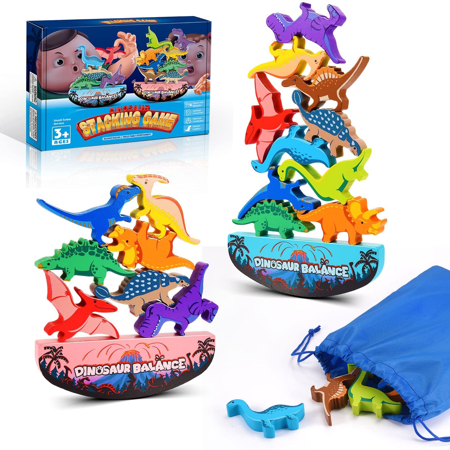 IPOURUP - Dinosaur Toys for Kids Ages 3-5: Wooden Stacking Montessori Toys for 3 4 5 6 7 Year Old, Balance Competition Game for Family, Great for Kids Gifts