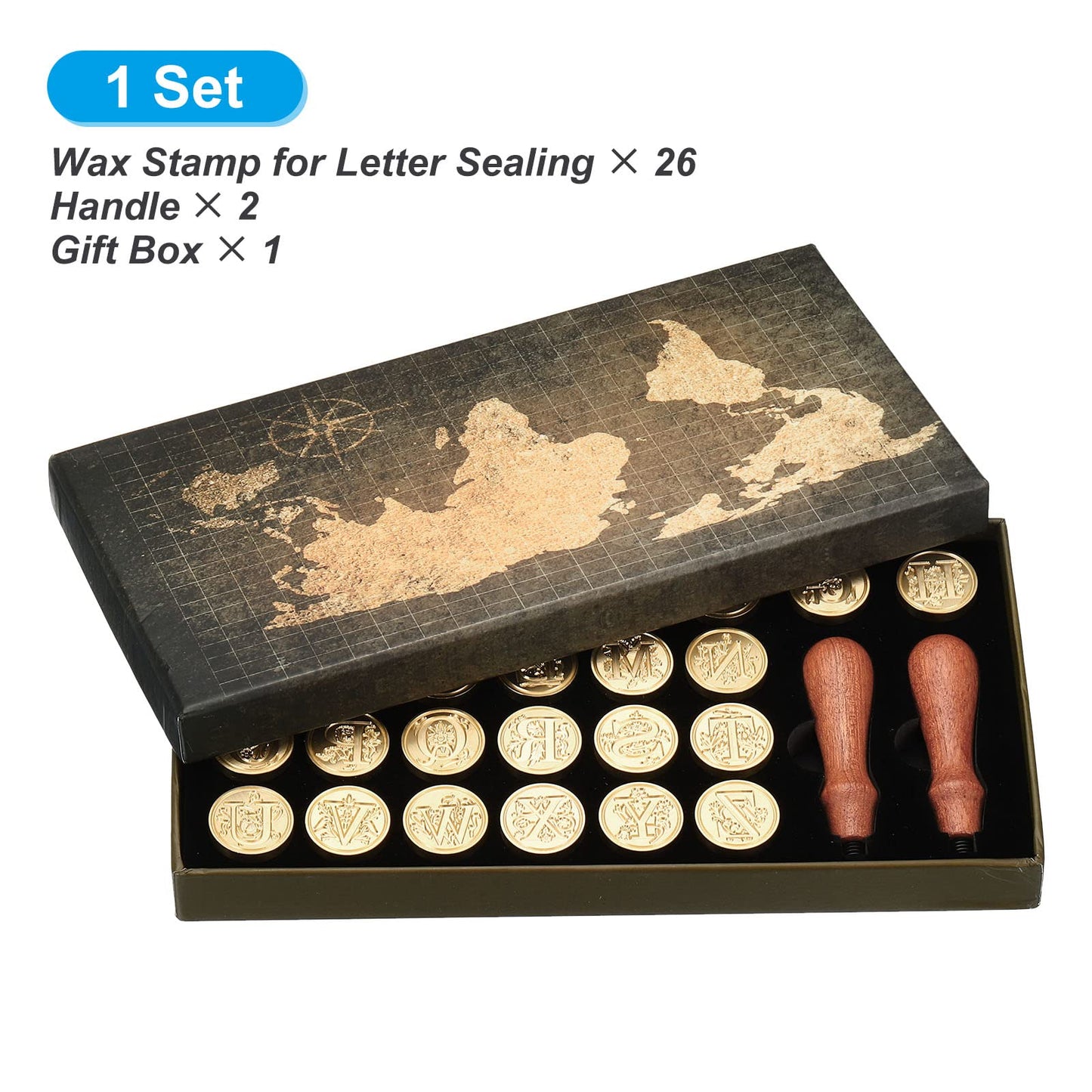 PATIKIL Alphabet Wax Seal Stamp Kit, 26 Letters A-Z Sealing Wax Stamp with 2pcs Wooden Handles, Gift Box Letter Initial Brass Head Vintage