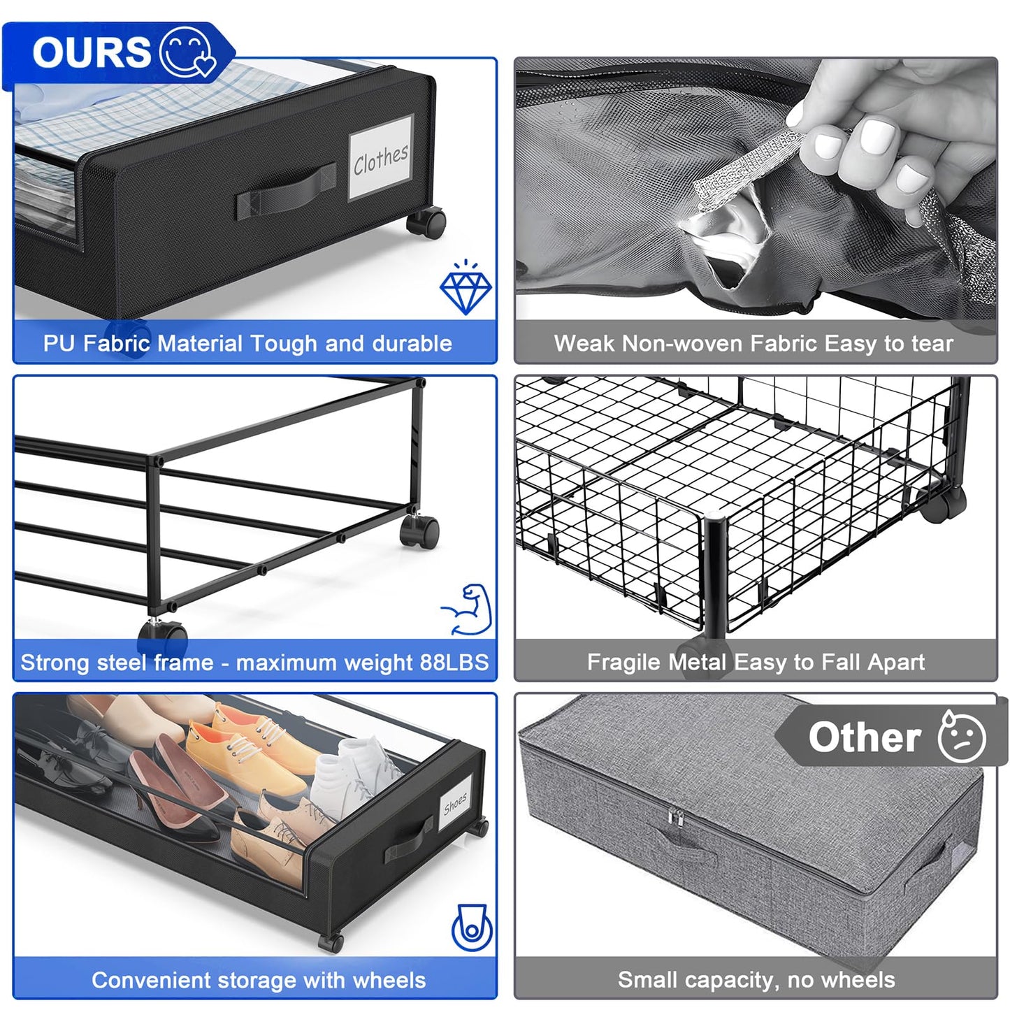 Beborxue Under Bed Storage with Wheels, 4-Pack UnderBed Storage Containers with Clear Lids, XXL 60L Under the Bed Storage Organizer Bins, Rolling Under Bed Metal Drawer for Clothes,Shoes,Toys (Black)