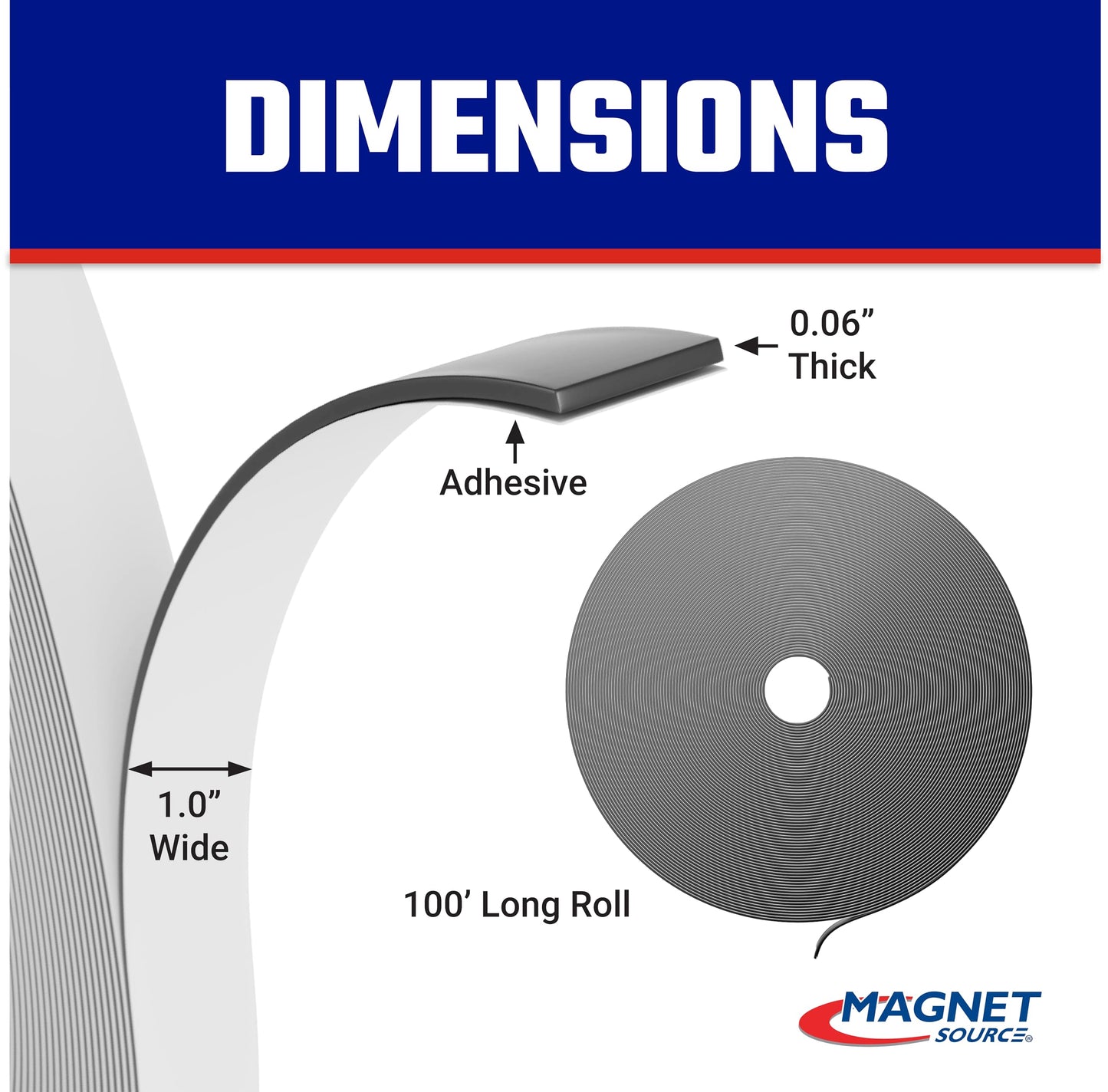 Master Magnetics Flexible Magnetic Strip - Heavy-Duty Magnet Strips with Strong Adhesive Backing for Walls, Boards, Signs, and More - 0.06" Thick - 1" W - 100 Ft - 1 Roll