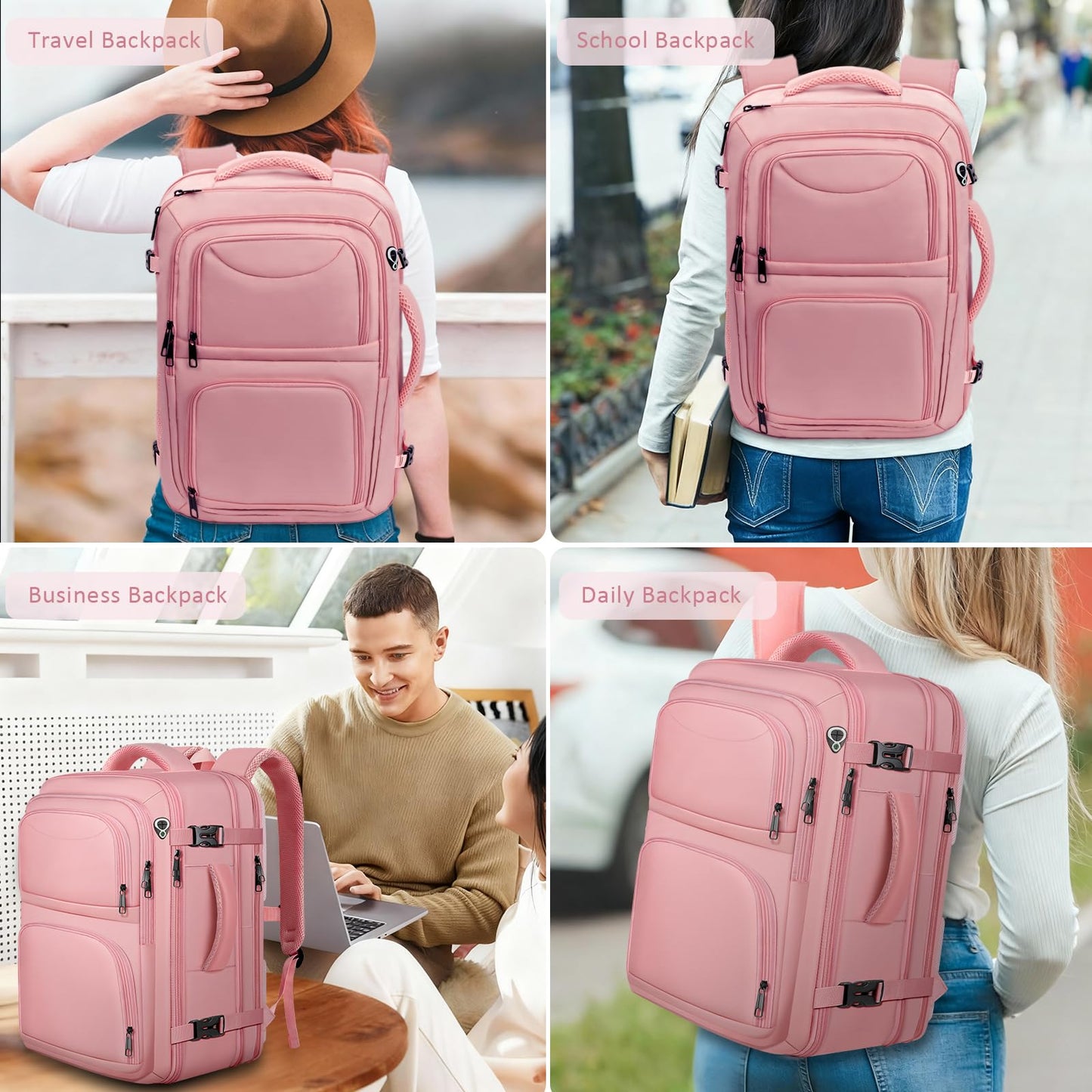 YGSNTG Travel Backpack for Women, 52L Carry On Backpack, Extra Large Expandable Travel Bag, 18.4 Inch TSA Flight Approved Luggage Personal Item Size with USB, Teacher Business Daypack, Pink