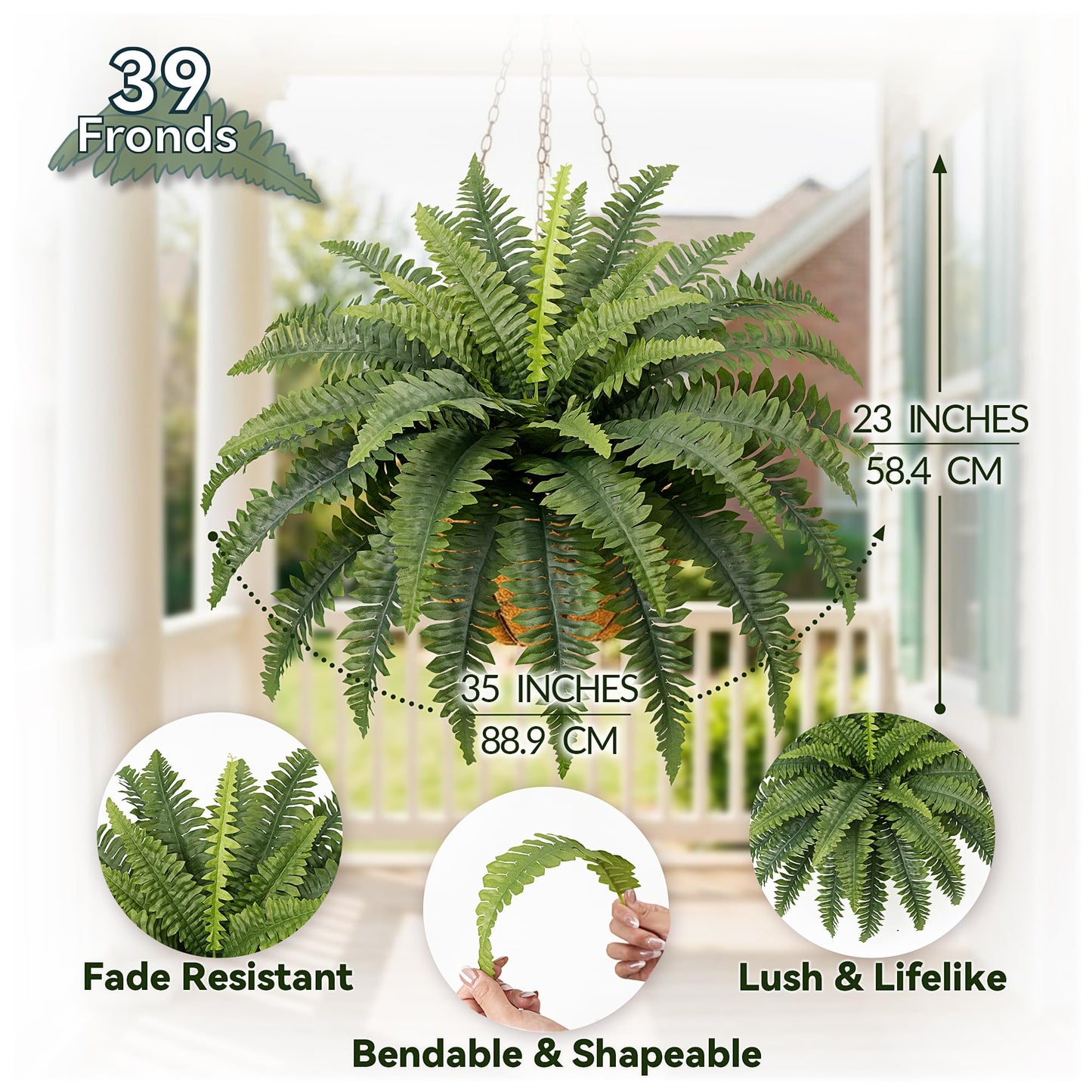 Richeerca Fake Ferns, 35IN Realistic Fake Bush Plants, 4 Faux Ferns with 39 Fronds for Outdoors Garden Planter Porch Entrance Home Decor