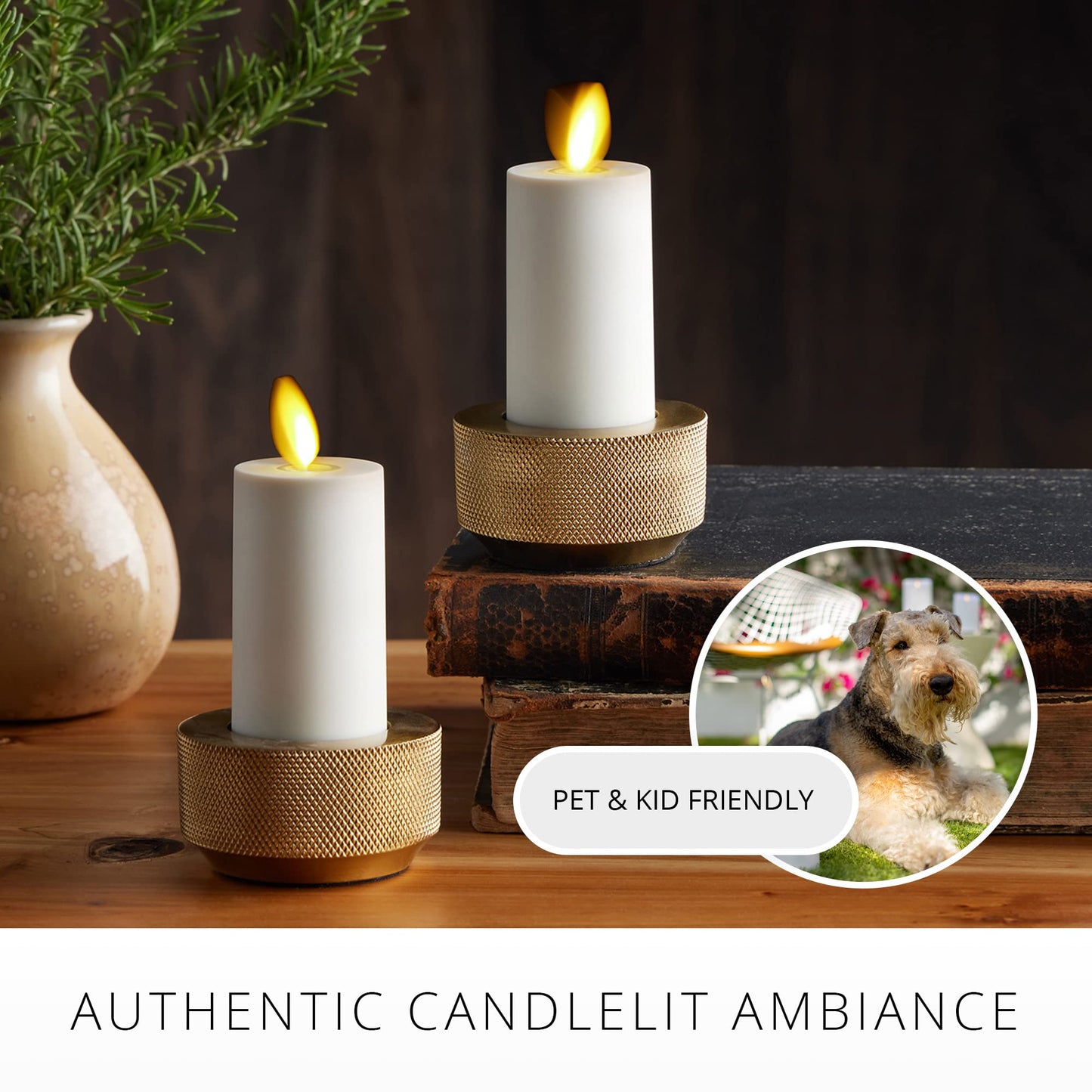 Luminara Outdoor Votive Flameless LED Candle, Set of 2 Ivory 1.5" x 4", Moving Flame Battery Operated Timer Remote Ready IPX4 Matte Plastic Finish