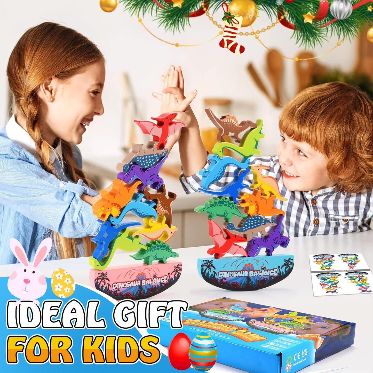 IPOURUP - Dinosaur Toys for Kids Ages 3-5: Wooden Stacking Montessori Toys for 3 4 5 6 7 Year Old, Balance Competition Game for Family, Great for Kids Gifts