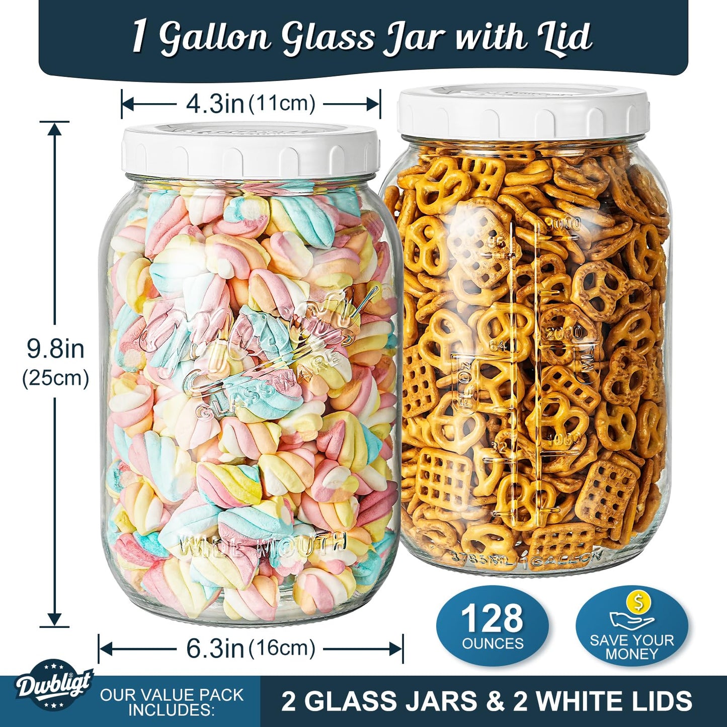 Dwbligt 2 Pack Wide Mouth Mason Jars with Airtight Lid and Silicone Ring - 1 Gallon Large Glass Containers for Food Storage like Flour Sugar, Sun Tea, Kombucha, Refrigerator Safe Fermentation Jar