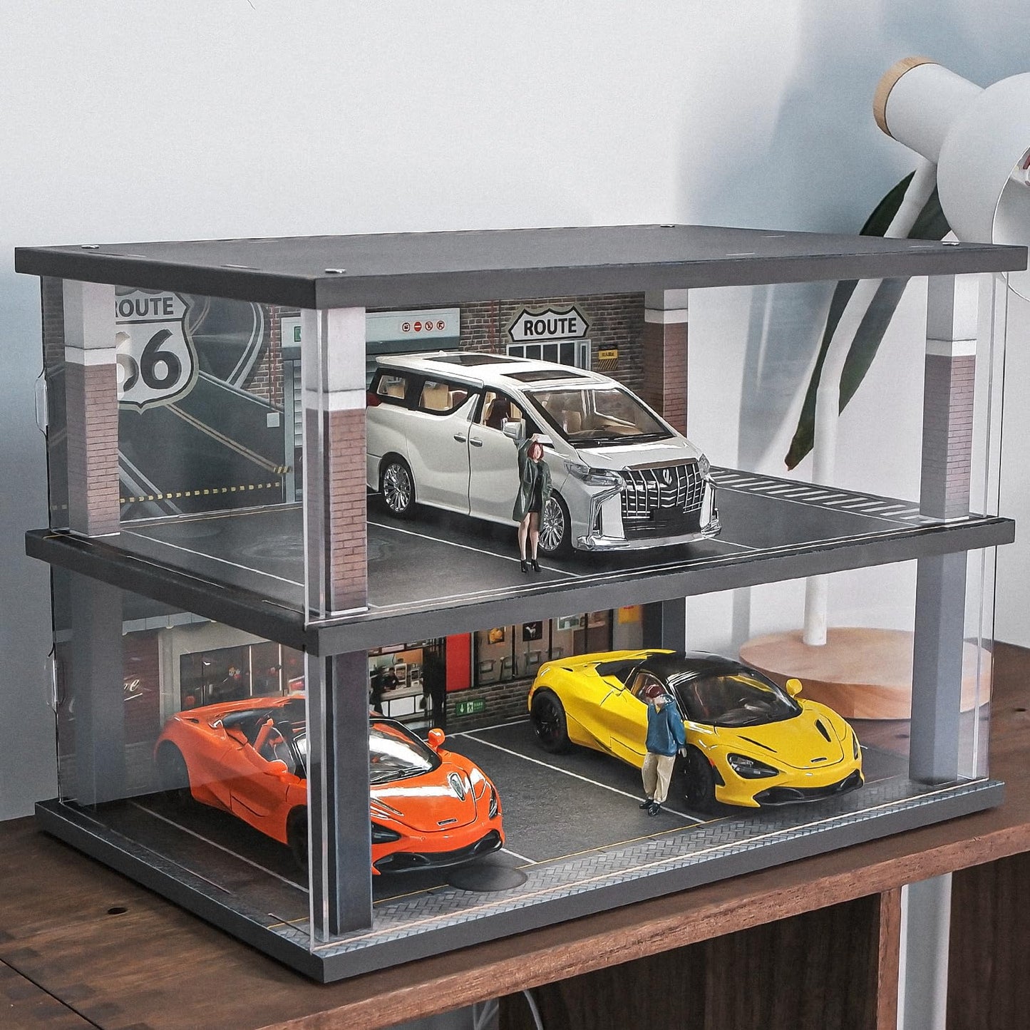 kivcmds 1:24 Scale Car Model Display Case with Parking Lot Scene for Car Model Toys and Lego, Display Stand for Alloy Car Model Toys with Light and Dust Cover (Coffee Bar Parking Lot)