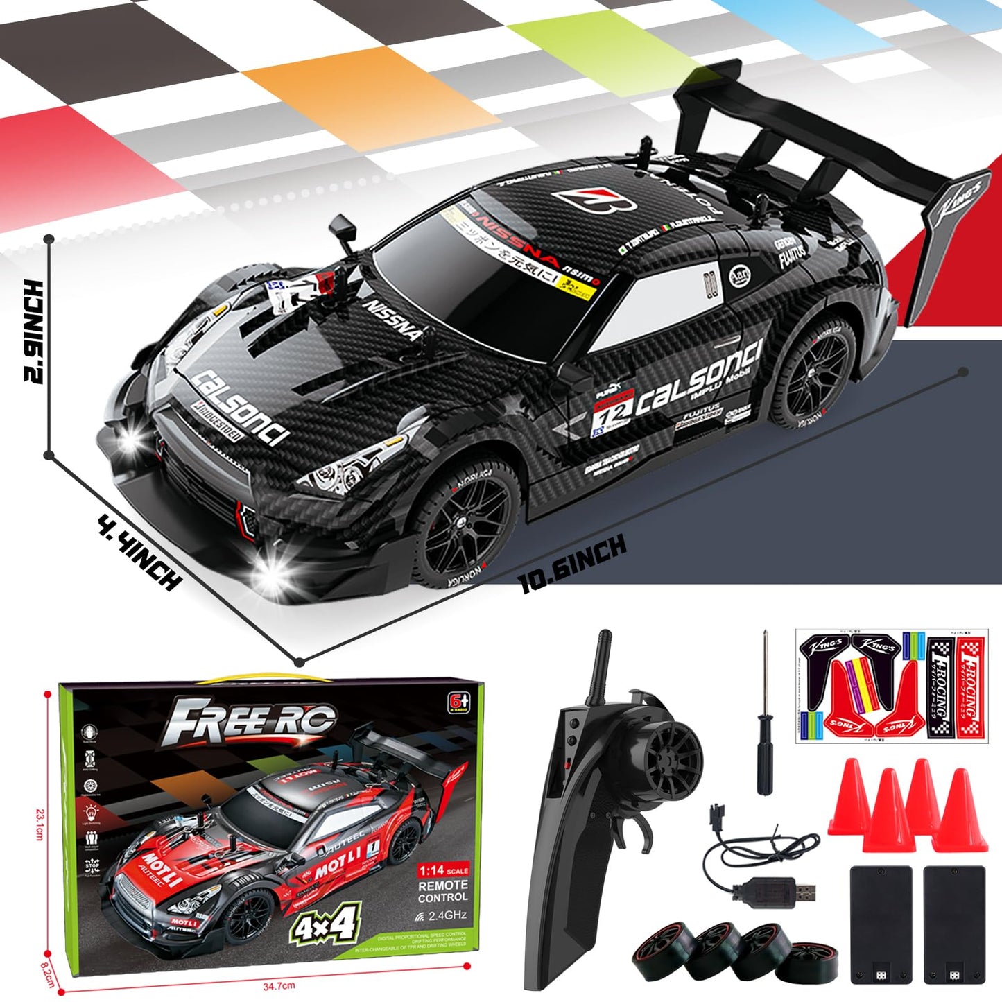 Remote Control Car RC Drift Car 1:16 Scale 4WD RC Vehicle with LED Lights 2.4GHz 30km/h RTR High Speed Racing Sport Toy for Adults Boys Girls Kids Gift 2Pcs Rechargeable Battery