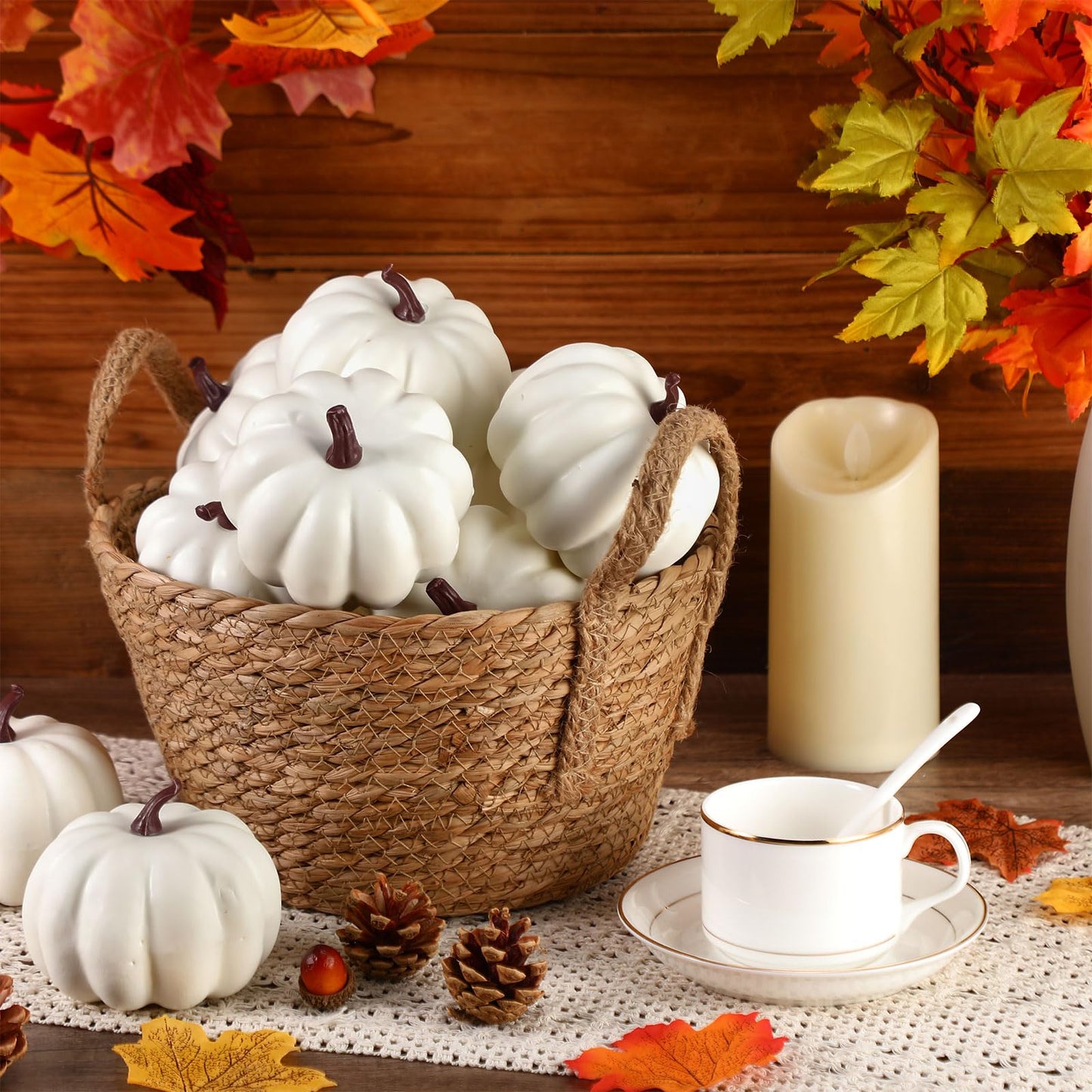 Liliful 24 Pack 4 Inch Fall Harvest White Artificial Pumpkins Crafts Rustic Decorative Pumpkin Foam Pumpkins Decoration for Halloween Thanksgiving Wedding Dining Table Centerpiece Decorating