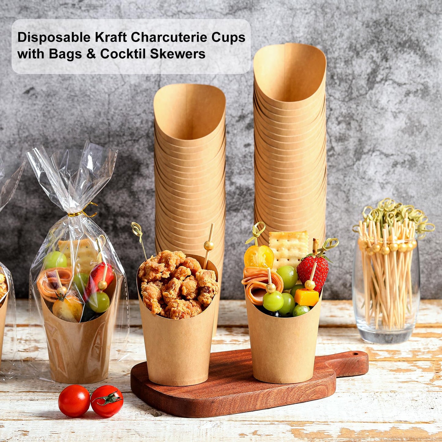 Disposable Charcuterie Cups 120 PCS with 200PCS Sticks and 120PCS Bags, 14 oz Kraft Paper Snack Boxes Appetizers Cup French Fry Holder with Cocktail Skewers Toothpicks Tooth Picks, Brown