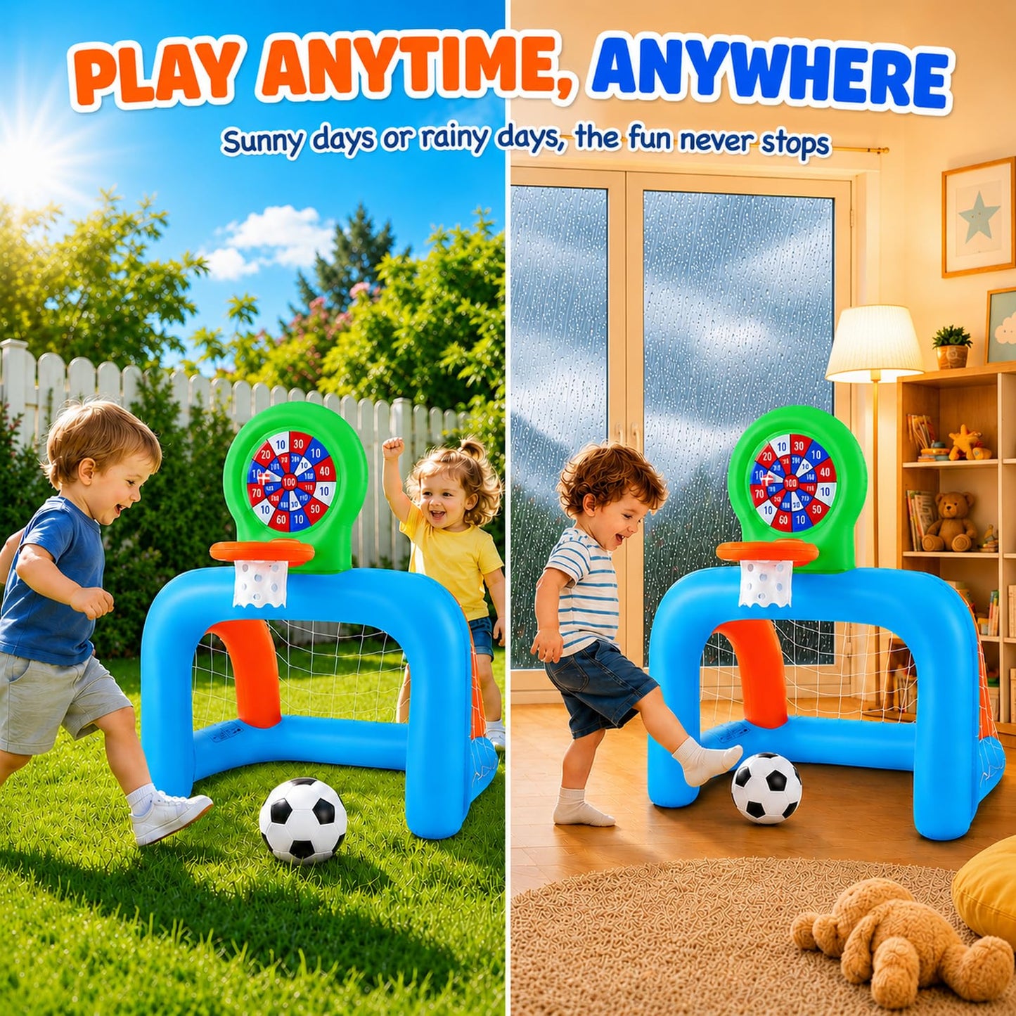 NIBBaNACAL Inflatable Toddler Sports Center – Basketball Hoop & Soccer Goal, 3-in-1 with Sticky Ball Target, Soft & Safe Indoor/Outdoor Set, Ages 2–6
