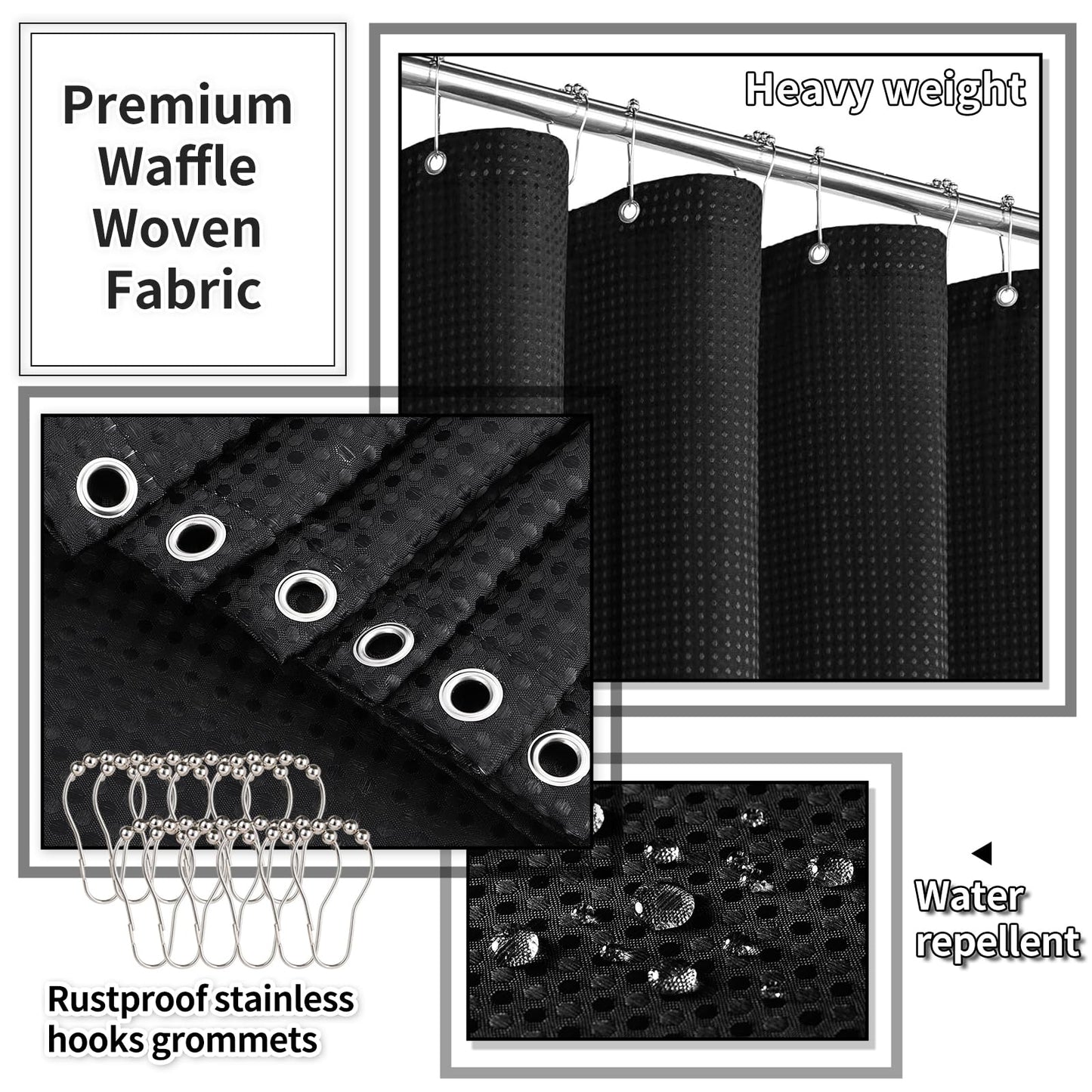 XLHOMO Bathroom Set with Shower Curtain and Rugs- 25PC Bathroom Accessory Set, Black Shower Curtain Set, Toilet Brush, Trash Can, Qtip Holder & Soap Dispenser