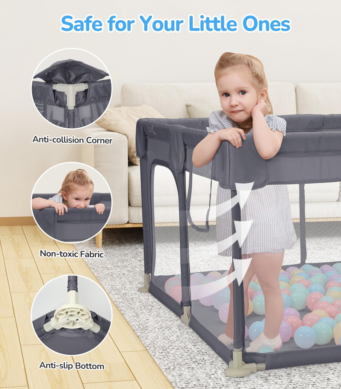 Dripex Baby Playpen, 47"x47" Play Pens for Babies and Toddlers, Safe Anti-Fall Play Yard with Gates, Baby Fence with Breathable Mesh, Indoor & Outdoor Kids Activity Center, Grey