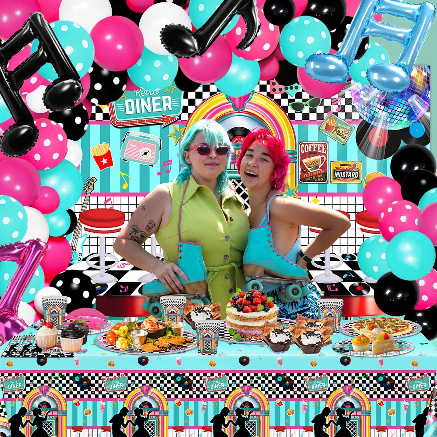 Lecheme 50s Party Decorations 280 PCS 50s Theme Party Decorations Sock Hop Backdrop Disco Balloons 50s Plates Napkins Cups Tablecloth Music Party Supplies Photo Booth Props