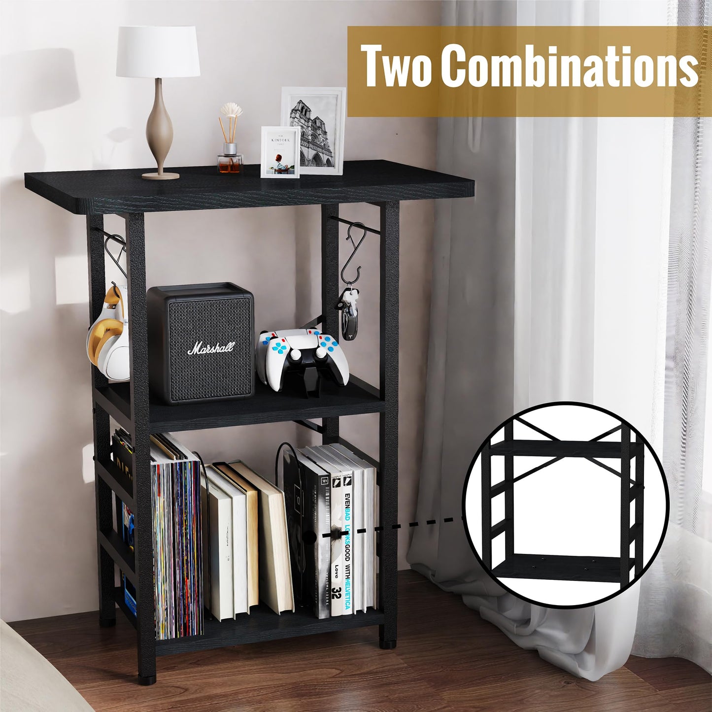 YAKANJ Record Player Stand with Extended Desktop,Large Record Player Table with Vinyl Storage,Turntable Stand with Record Holder Vinyls Display Shelf for Music Room Studio,Modern Black