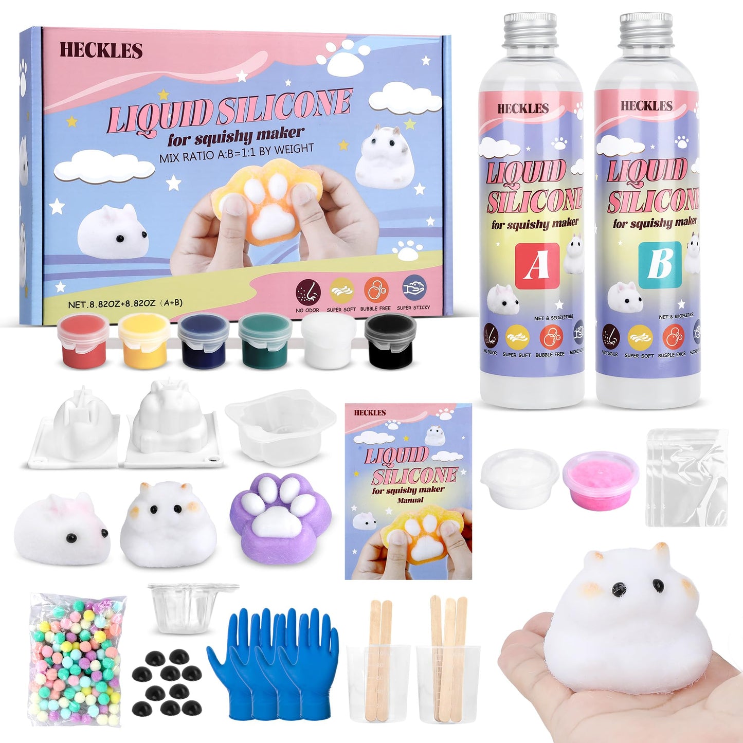 HECKLES Taba Squishy DIY Kit, 18 oz Silicone Soft Molds, Liquid Silicone, 1:1 AB Ratio, Soft Making Epoxy Resin Mix, Cat Claw Mold, Hamster, Rabbit, Gifts