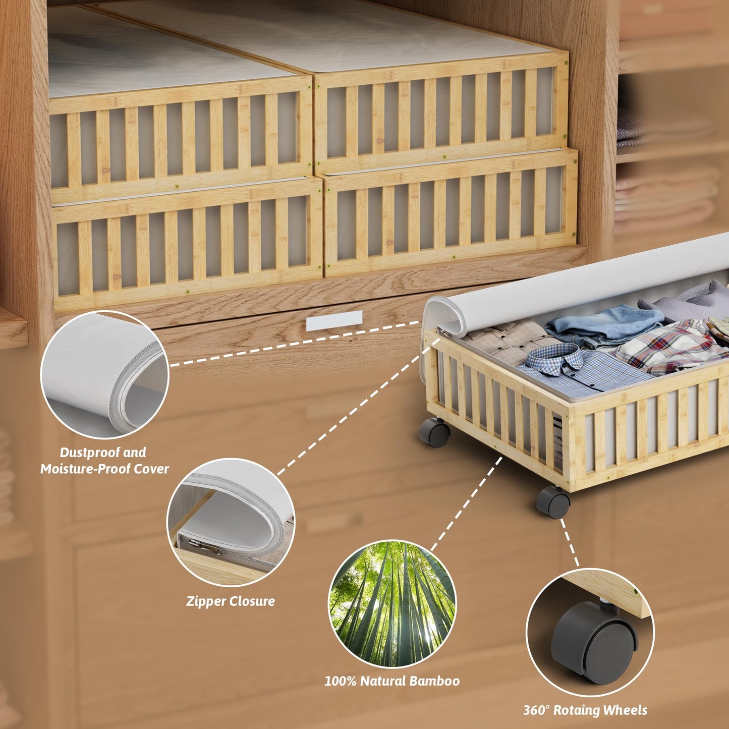 Bamboo Under Bed Storage Containers with Wheels, 2 Pack Large Under the Bed Shoe Storage Bins, Wood Rolling Underbed Drawers Organizer for Bedroom Closet Clothes Blanket Under Crib Toy Nature
