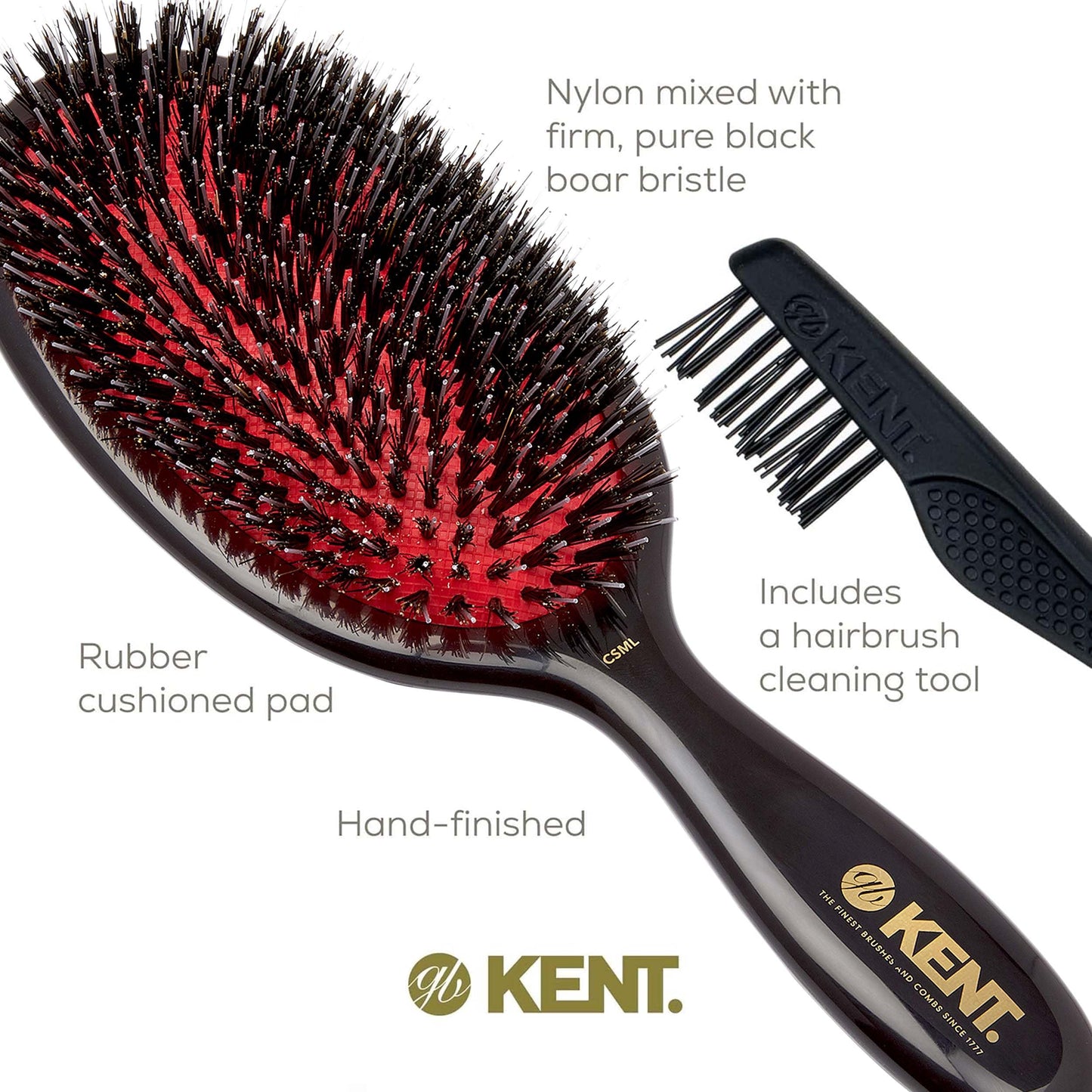 Kent CSML 9" Classic Shine Large Oval Cushion Straightening Brush - Natural Boar Bristle Hair Brush with Nylon Quills - Shine Hair Brush and Scalp Brush for Medium to Thick Hair (+ Hair Brush Cleaner)