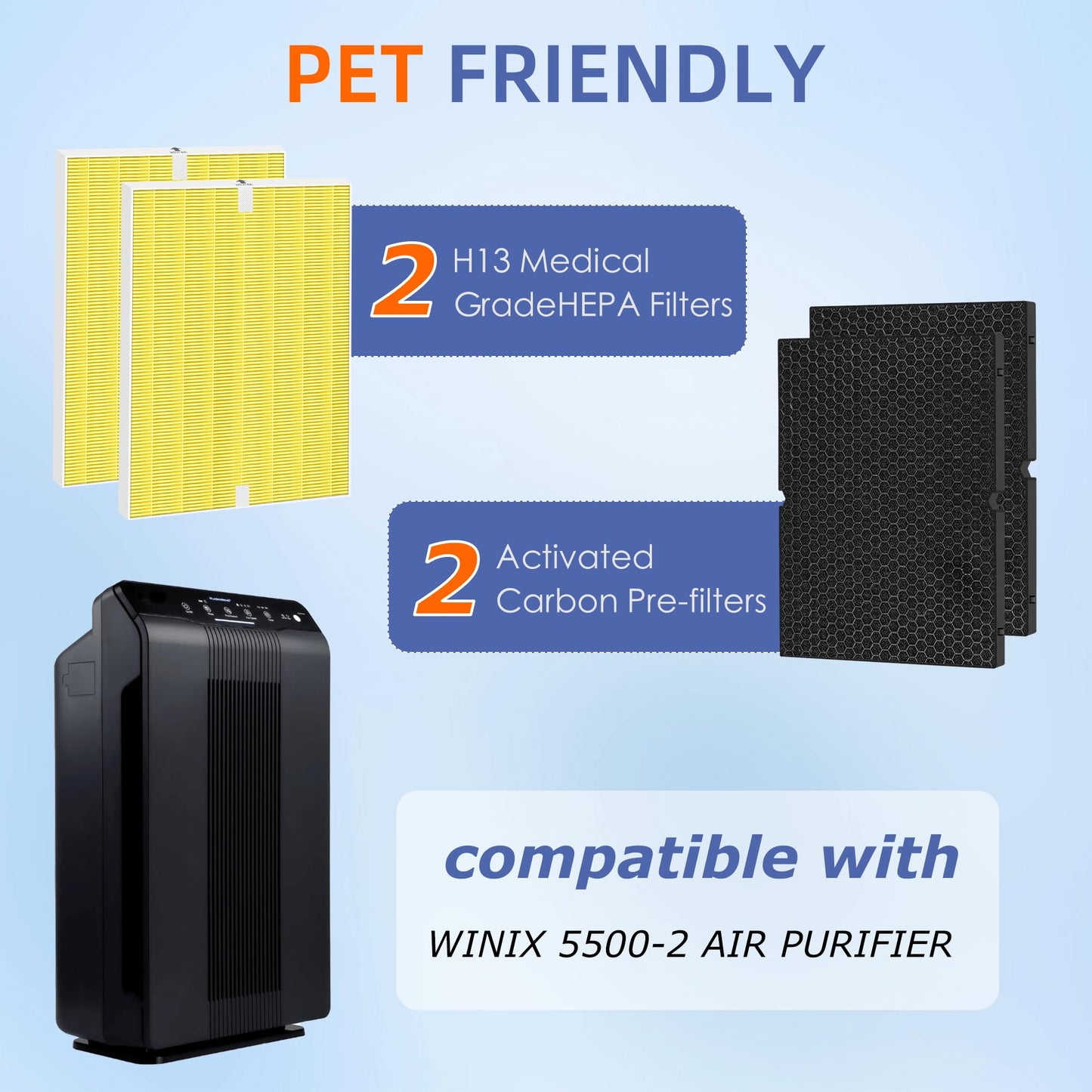 116130 HEPA Pet Care Replacement Filter H for Winix 5500-2 Am80 Plasmawave Air Purifier True HEPA Carbon Filter,2 Set,Yellow