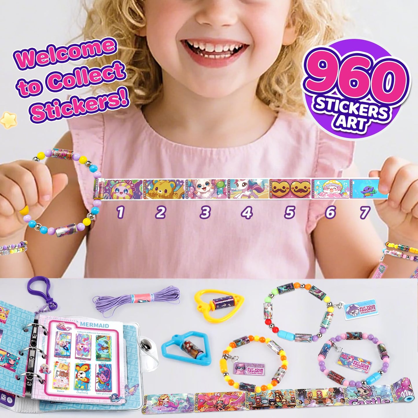 DIY Sticky Roll Stickers Bracelets, Wearable & Shareable Stickers, Beads & Charms & Pendants, Sticker Jewelry Making Kits for Age 6+ Years Old Girls (960PCS DIY Sticker Bracelet Kit for Kids)