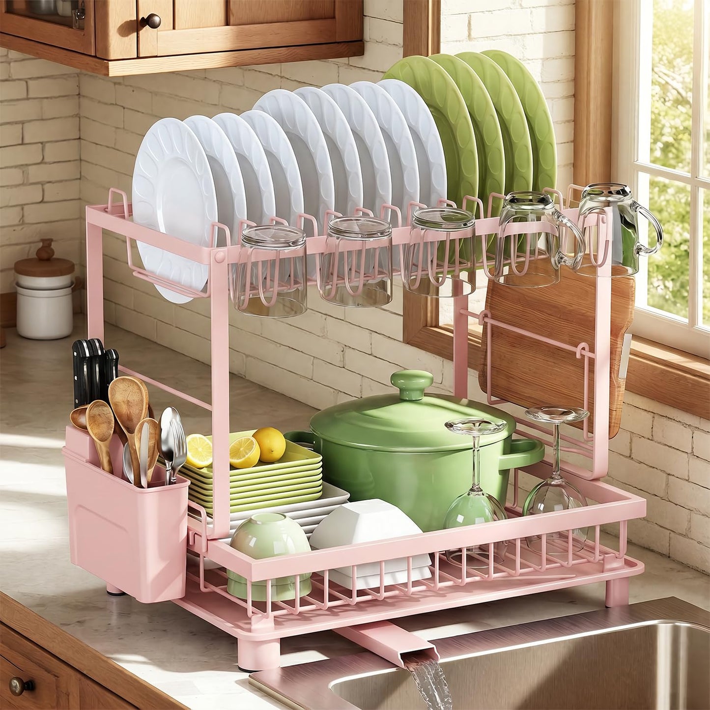 Nfnoyp Multifunctional Dish Drying Rack - Rustproof, 2-Tier Dish Racks with Drainboard, Space-Saving Design, Utensil & Cup Holder for Kitchen Counter, Pink