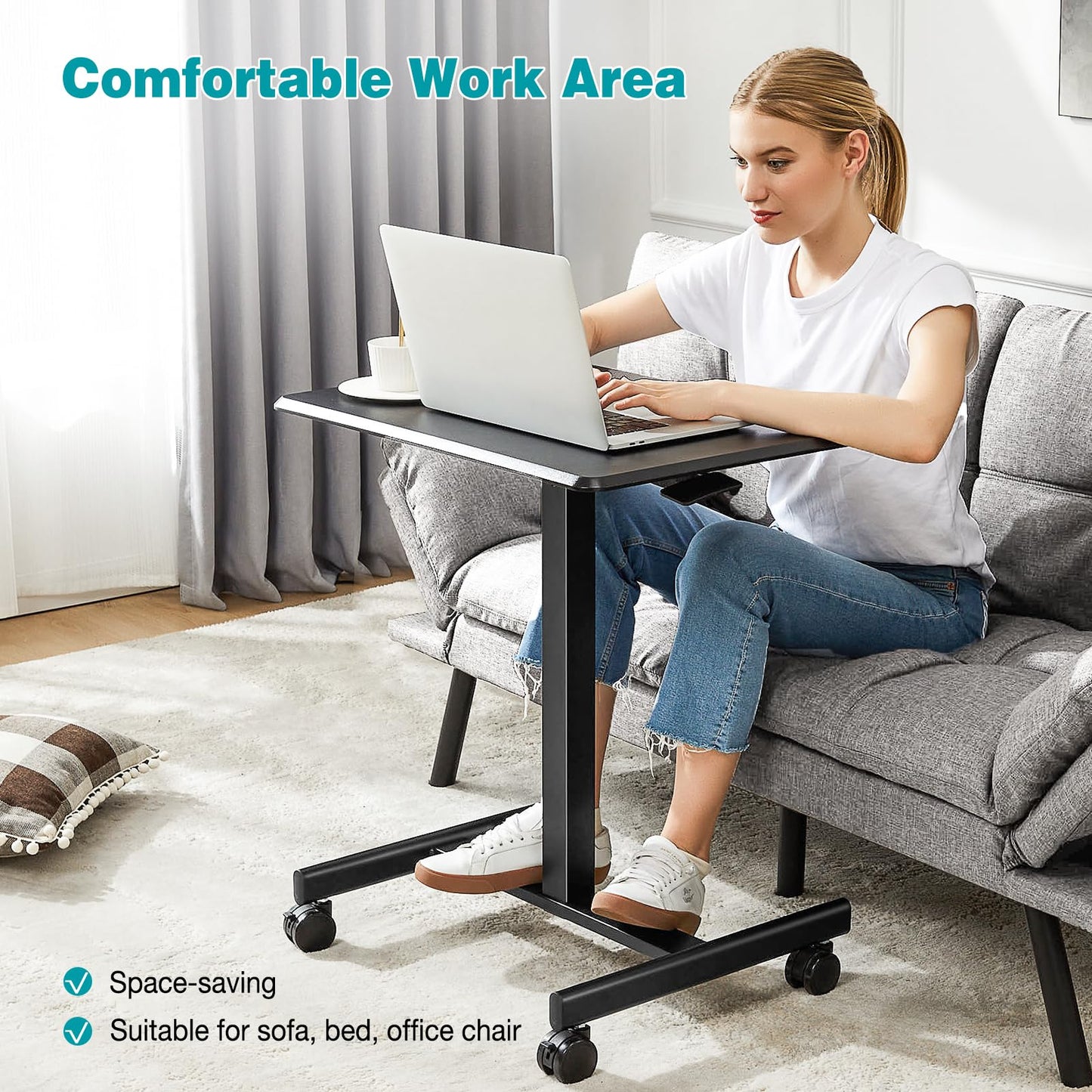 DUMOS Mobile Small Standing Desk, Portable Rolling Laptop Desk with 2 Lockable Wheels, Adjustable Height Computer Workstation for Home Office, 19 Inch Black