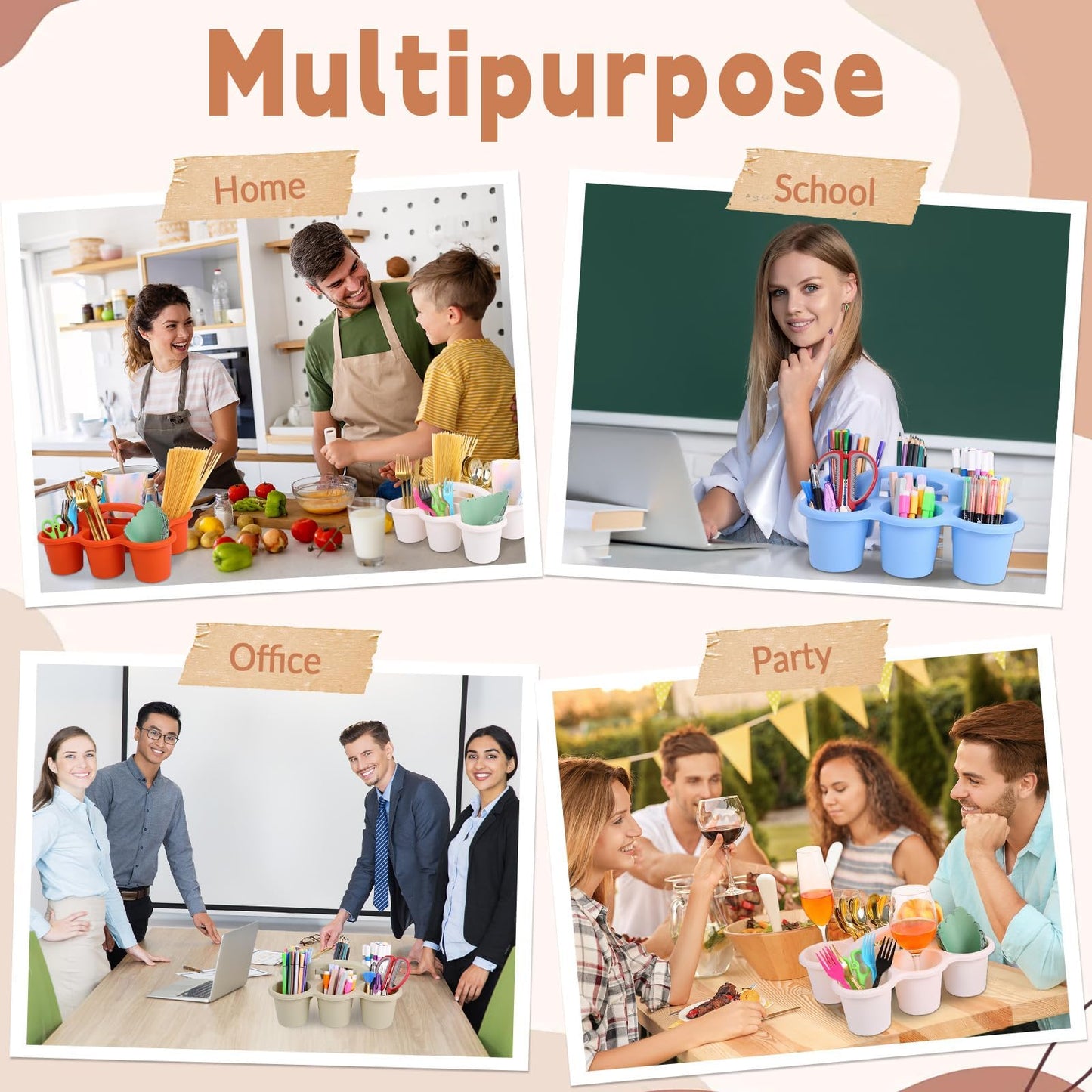 6 Pack Classroom Caddy Organizer with Handle Morandi Plastic Table Caddy Drink Cup Caddies Holder 12×9×3.5 Inches Storage School Supplies 6 Compartments for Table Crayon Pencil Cup Marker Craft
