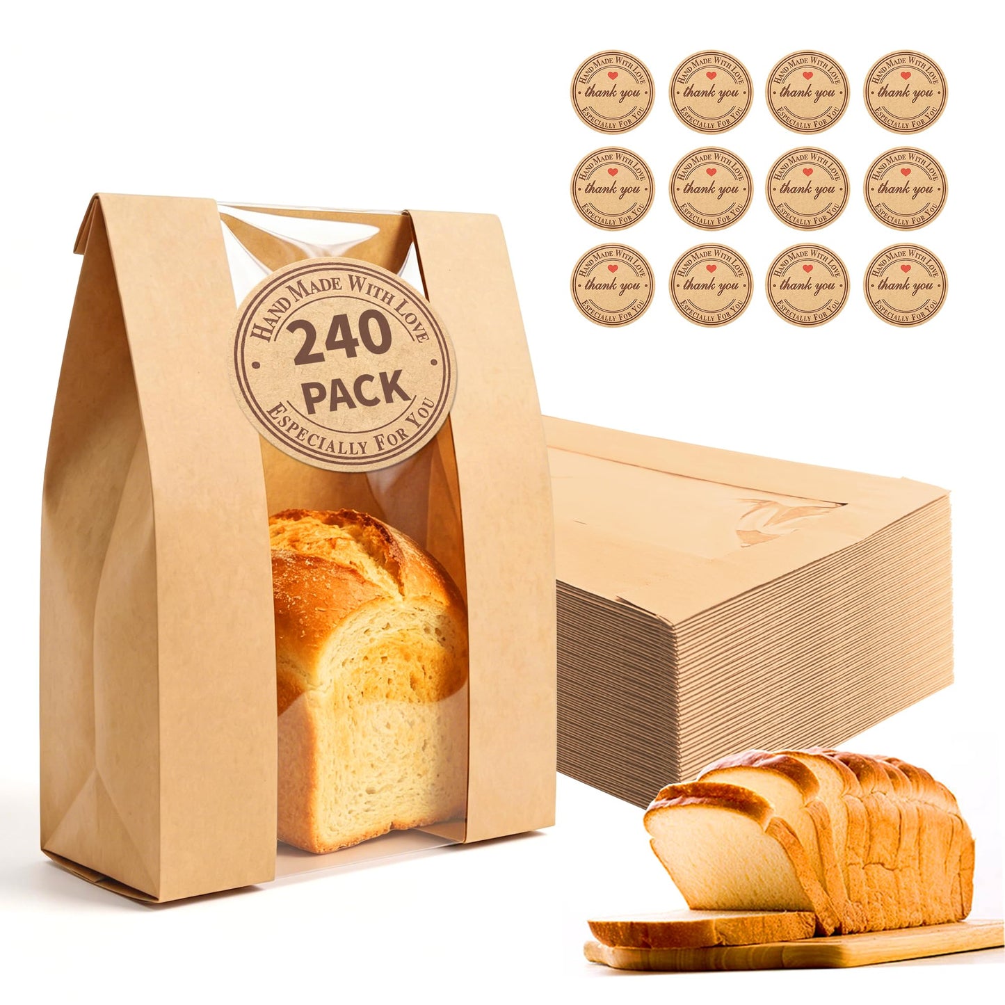 Homrelaxy 240pcs Paper Bread Bags for Homemade Bread, Sourdough Bag with Window, 13.7 x 8.3 x 3.5 Inch Large Brown Kraft Bakery Bags for Storing Loaves & Snacks, Includes 250 Sealing Stickers