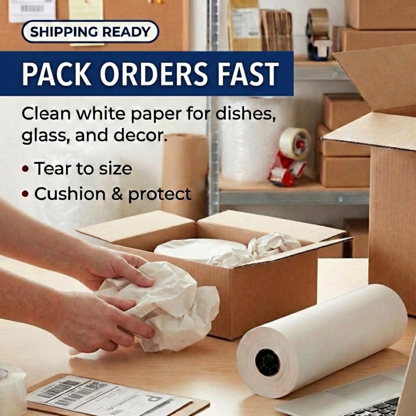Box USA Packing Paper Roll 18" x 1400ft (1,000 Sheets 17" Equivalent) - Newsprint Paper for Shipping, Storage and Moving Supplies, White