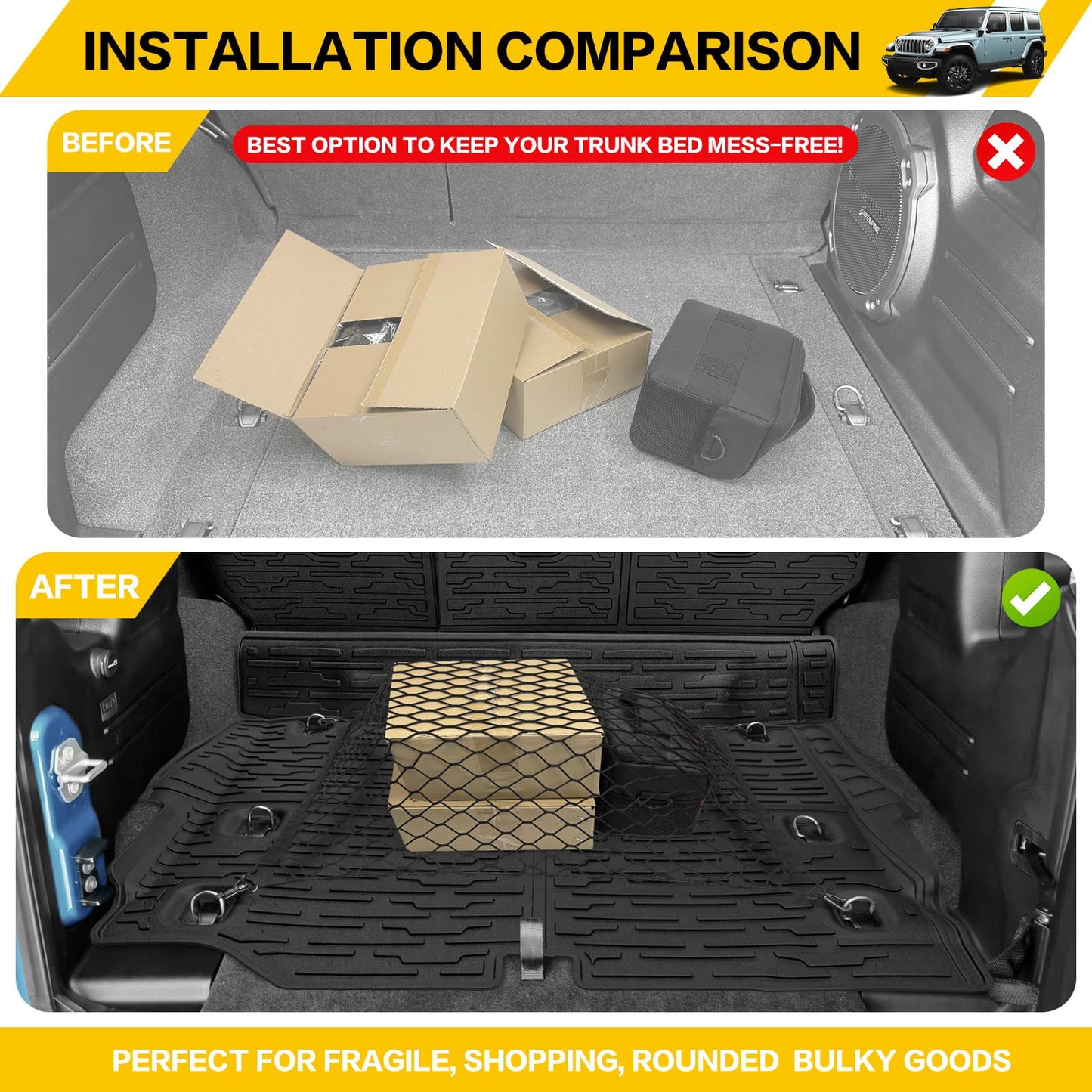 JTYZSM Cargo Mats with Net for 2021-2025 Jeep Wrangler JL Unlimited 4XE Accessories All Weather Protection Rear Seat Back Cover Trunk Liner Cargo Net for 21-25 JL JLU 4XE 4 Door(Not for 4X4)