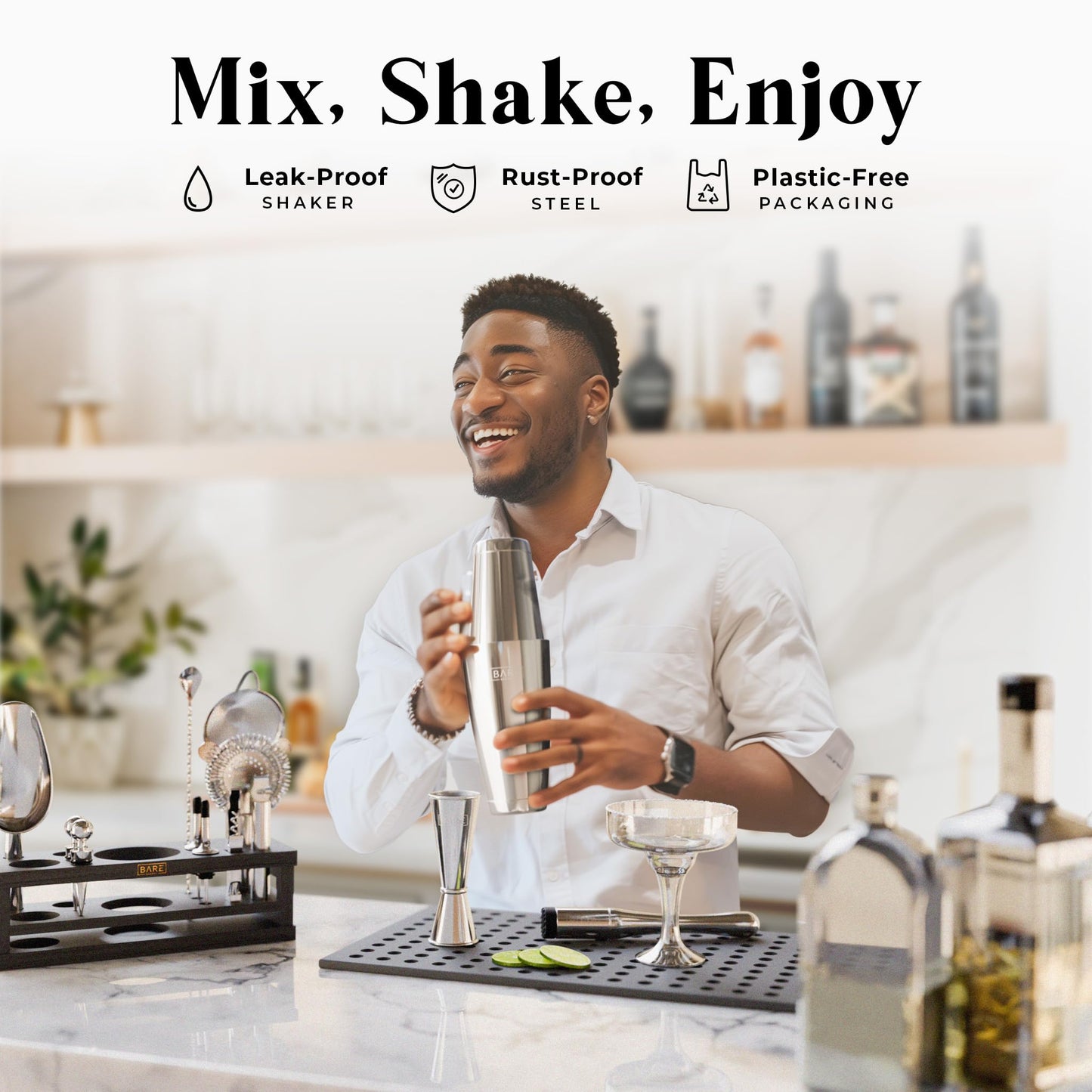 BARE BARREL® Mixology Bartender Kit Bar Set | 16-Piece Cocktail Shaker Set | Martini Barware Mixing Tools for Home Bartending | Incl. 35 Recipe Cards | Gift Set (28oz Boston Shaker, Silver/Black)