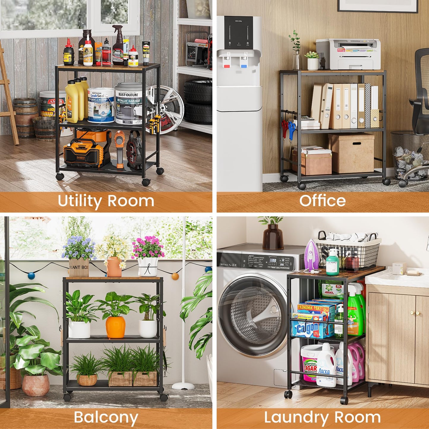 Rolling Kitchen Microwave Cart, 3-Tier Microwave Stand with Adjustable Shelf, Kitchen Storage Cart on Lockable Wheels, Coffee Bar Cart Shelf Rack Organizer for Kitchen, Living Room, Office, Balcony