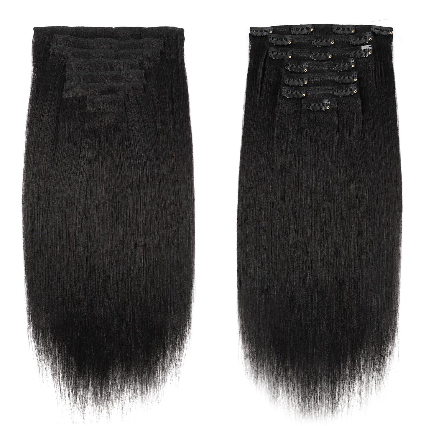 Sassina Real Remy Thick Yaki Straight Clip in Virgin Human Hair Extension Natural Black Double Wefts for African American Black Women 7 Pieces 120g with 17 Clips, YS 18 Inch