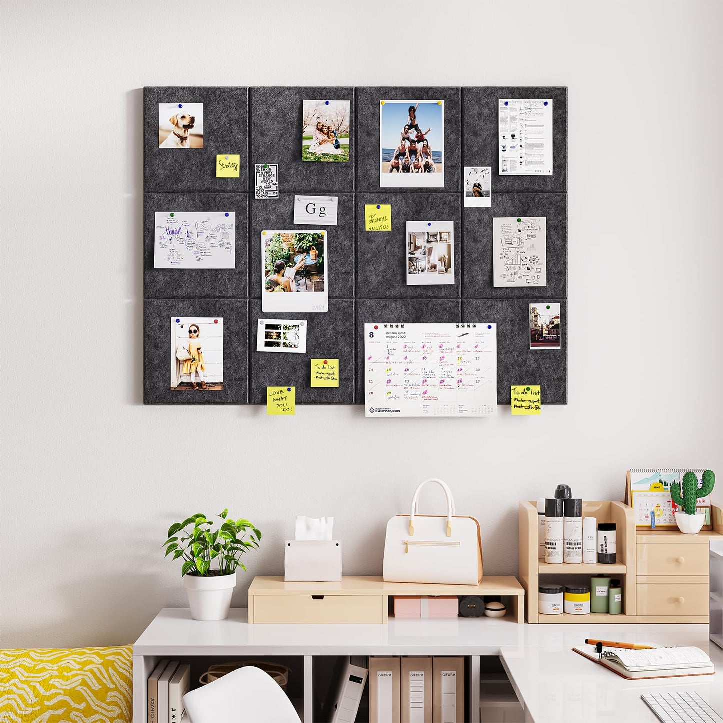 Uoisaiko Felt Cork Board for Wall: Extra Large Bulletin Board for Office - 12 PCS Thick Corkboard Tiles Grey Pin Board Squares Adhesive